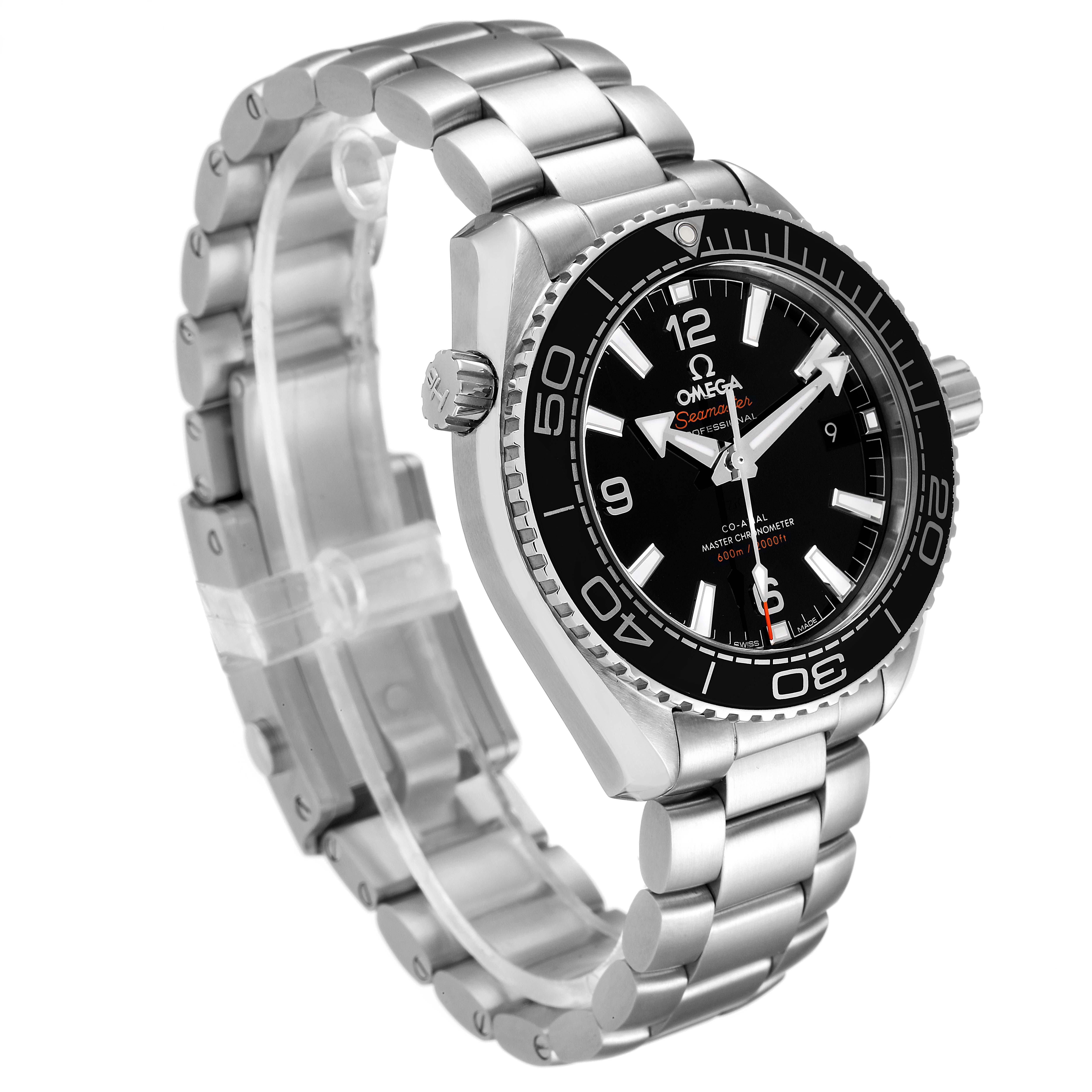 The Omega Planet Ocean 215.30.40.20.01.001 Men's Stainless Steel Black Dial 215.30.40.20.01.001 Men's Stainless Steel Black Dial watch is shown at a three-quarter angle, displaying its face, bezel, crown, and bracelet.