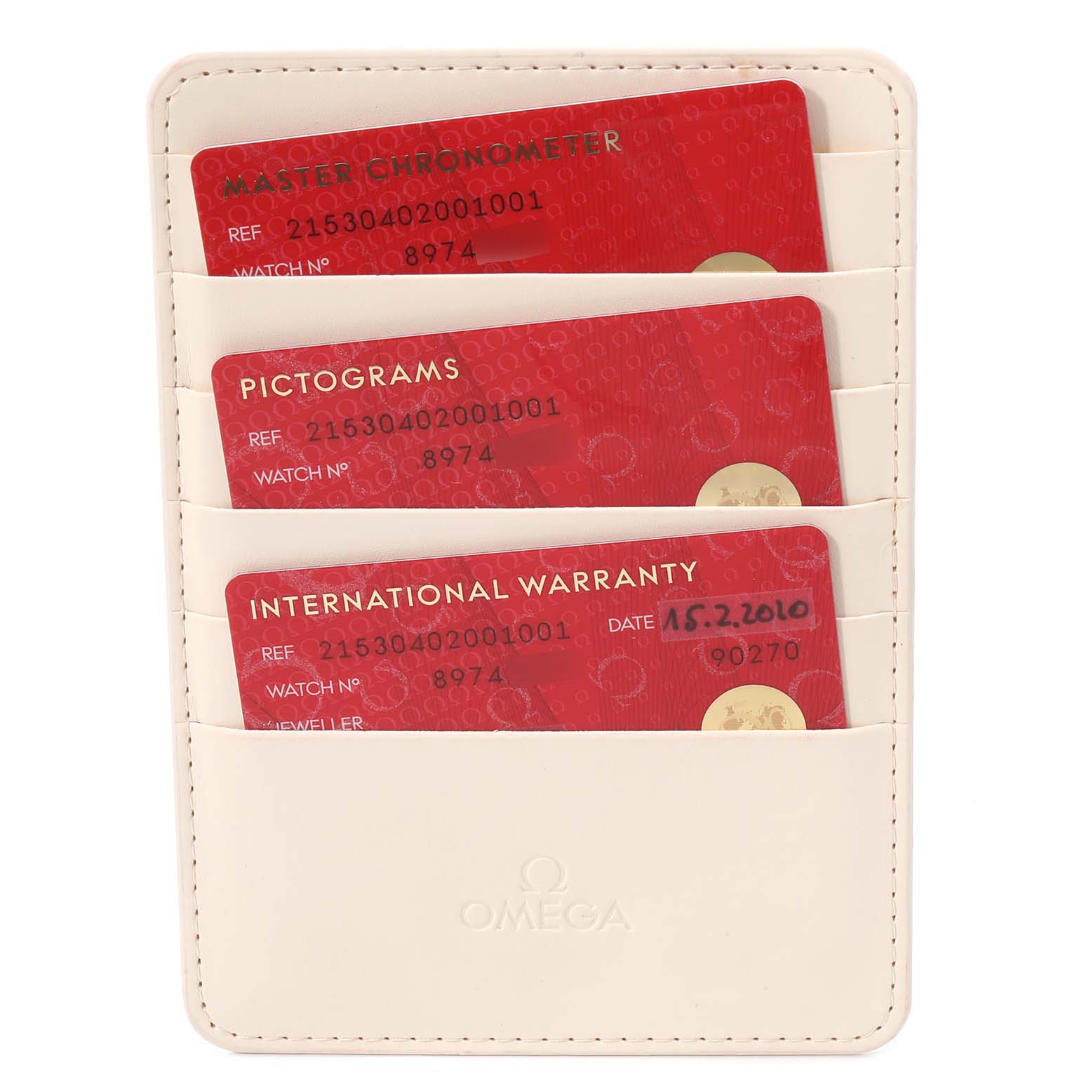 The image shows three red Omega Planet Ocean 215.30.40.20.01.001 Men's Stainless Steel Black Dial 215.30.40.20.01.001 Men's Stainless Steel Black Dial cards (Master Chronometer, Pictograms, and International Warranty) in a white cardholder.