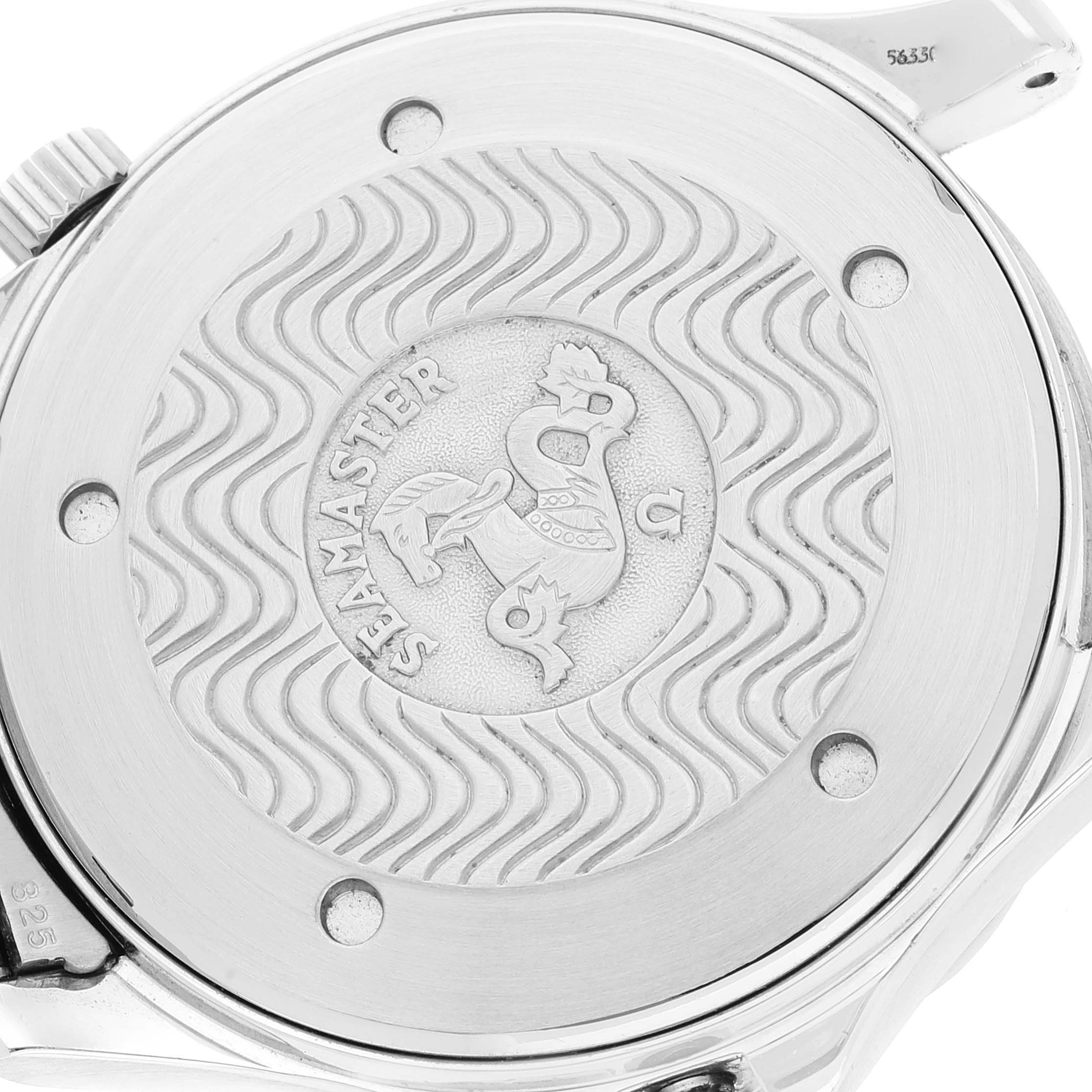 The image shows the back case of the Omega Seamaster 2542.20.00 Men's Stainless Steel White Dial 2542.20.00 Men's Stainless Steel White Dial watch, featuring the engraved design and branding.