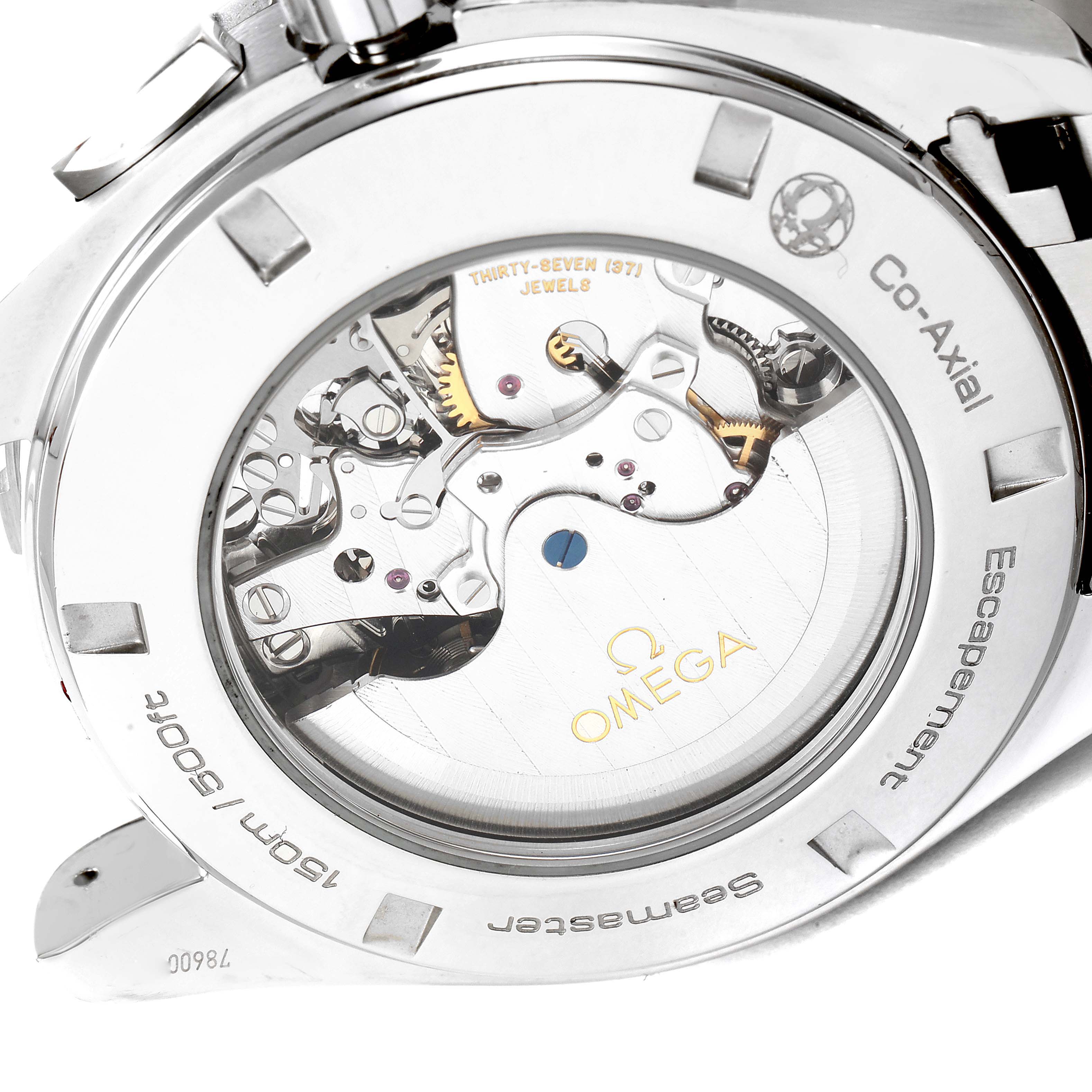 The image shows the back of the Omega Aqua Terra 231.10.44.52.04.001 Men
s Stainless Steel White Dial 231.10.44.52.04.001 Men
s Stainless Steel White Dial watch, highlighting its Co-Axial escapement and visible movement mechanism.