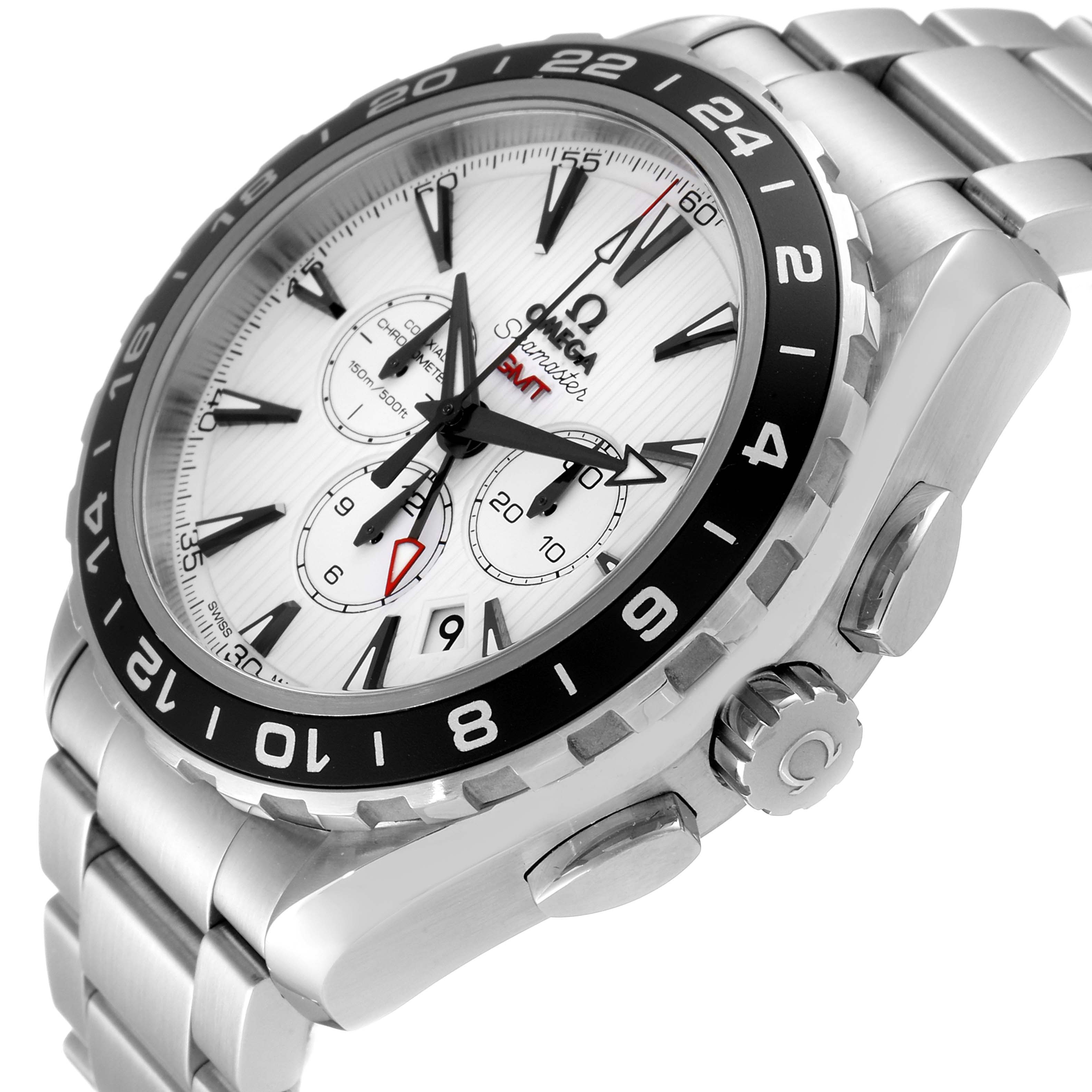 The image shows a close-up angle of the Omega Aqua Terra 231.10.44.52.04.001 Men
s Stainless Steel White Dial 231.10.44.52.04.001 Men
s Stainless Steel White Dial watch, highlighting its white dial, knobs, bezel, and metal bracelet.