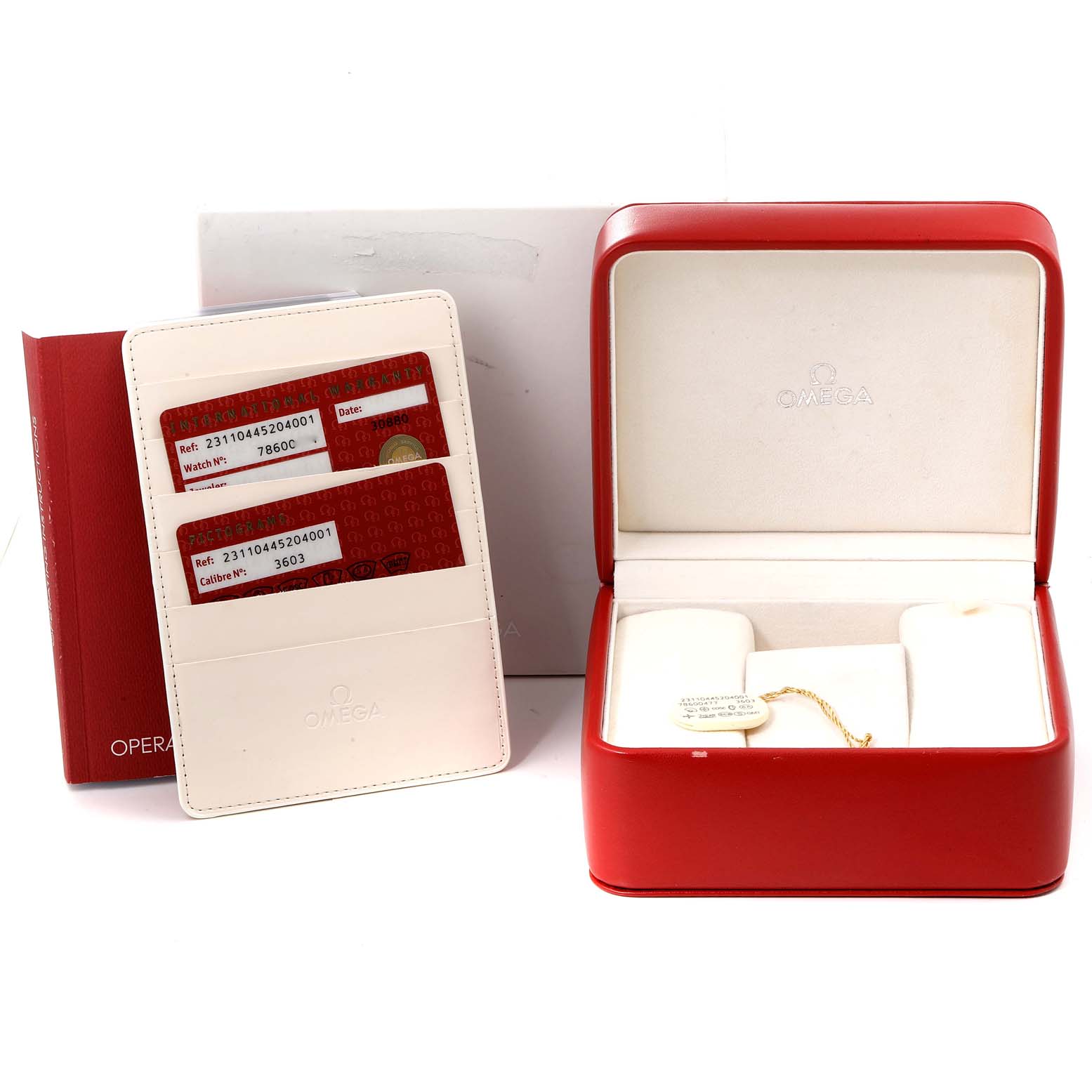 The image shows the accessories of an Omega Aqua Terra 231.10.44.52.04.001 Men
s Stainless Steel White Dial 231.10.44.52.04.001 Men
s Stainless Steel White Dial watch, including its red box, warranty cards, and instruction booklet.