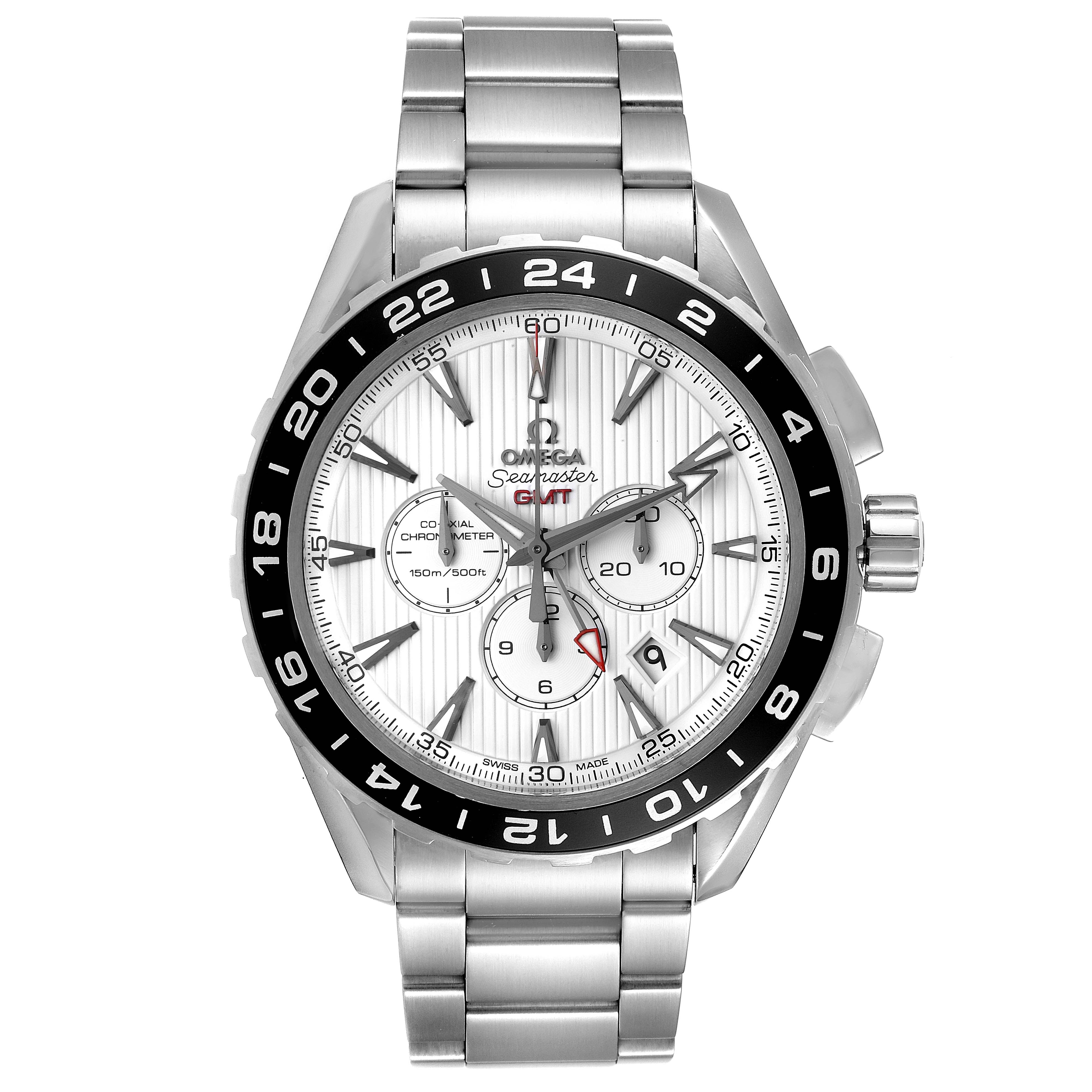 The image shows a front view of the Omega Aqua Terra 231.10.44.52.04.001 Men
s Stainless Steel White Dial 231.10.44.52.04.001 Men
s Stainless Steel White Dial watch, displaying the dial, bezel, chronograph buttons, and stainless steel bracelet.