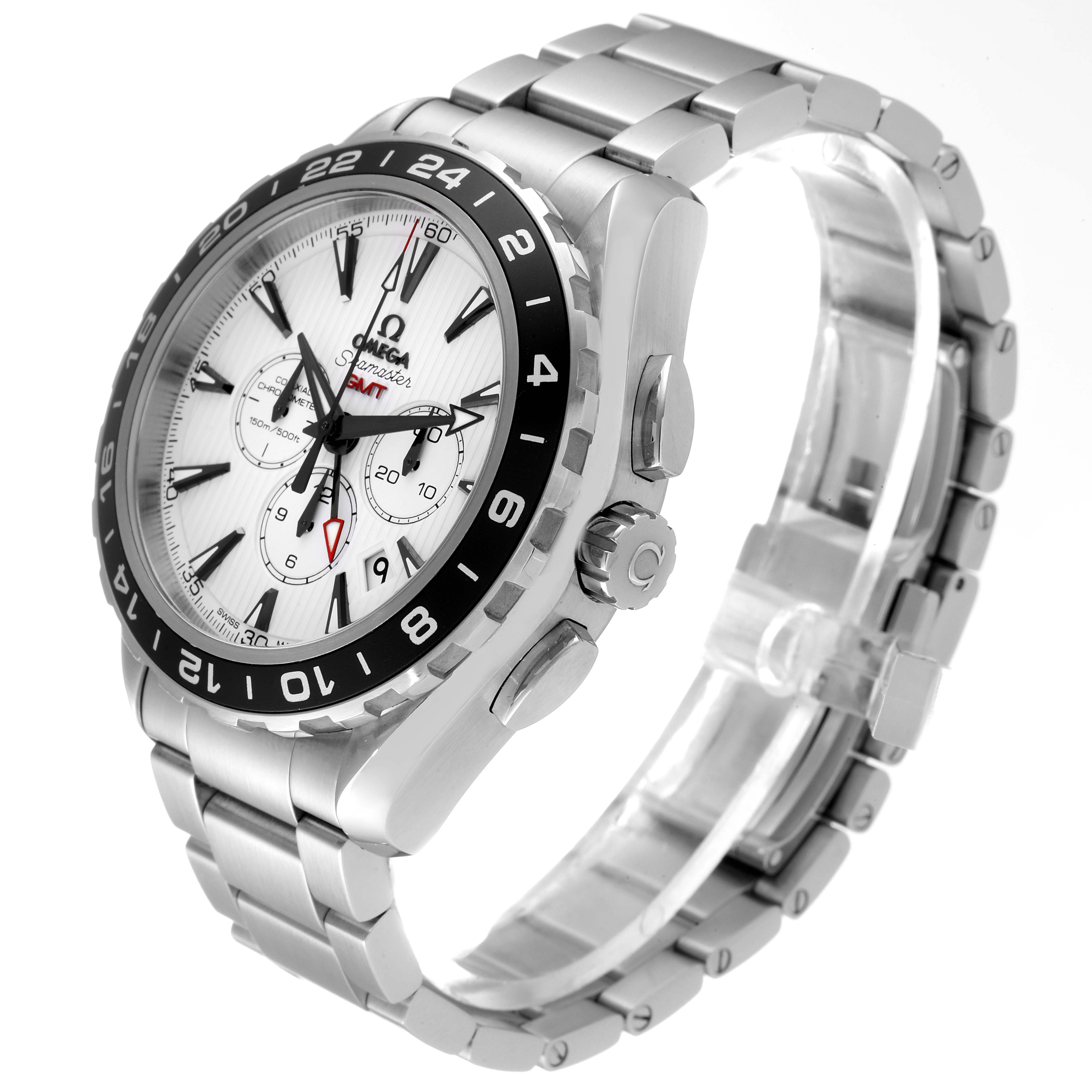 The image shows a side and top angle view of the Omega Aqua Terra 231.10.44.52.04.001 Men
s Stainless Steel White Dial 231.10.44.52.04.001 Men
s Stainless Steel White Dial watch, highlighting the dial, bezel, and bracelet.