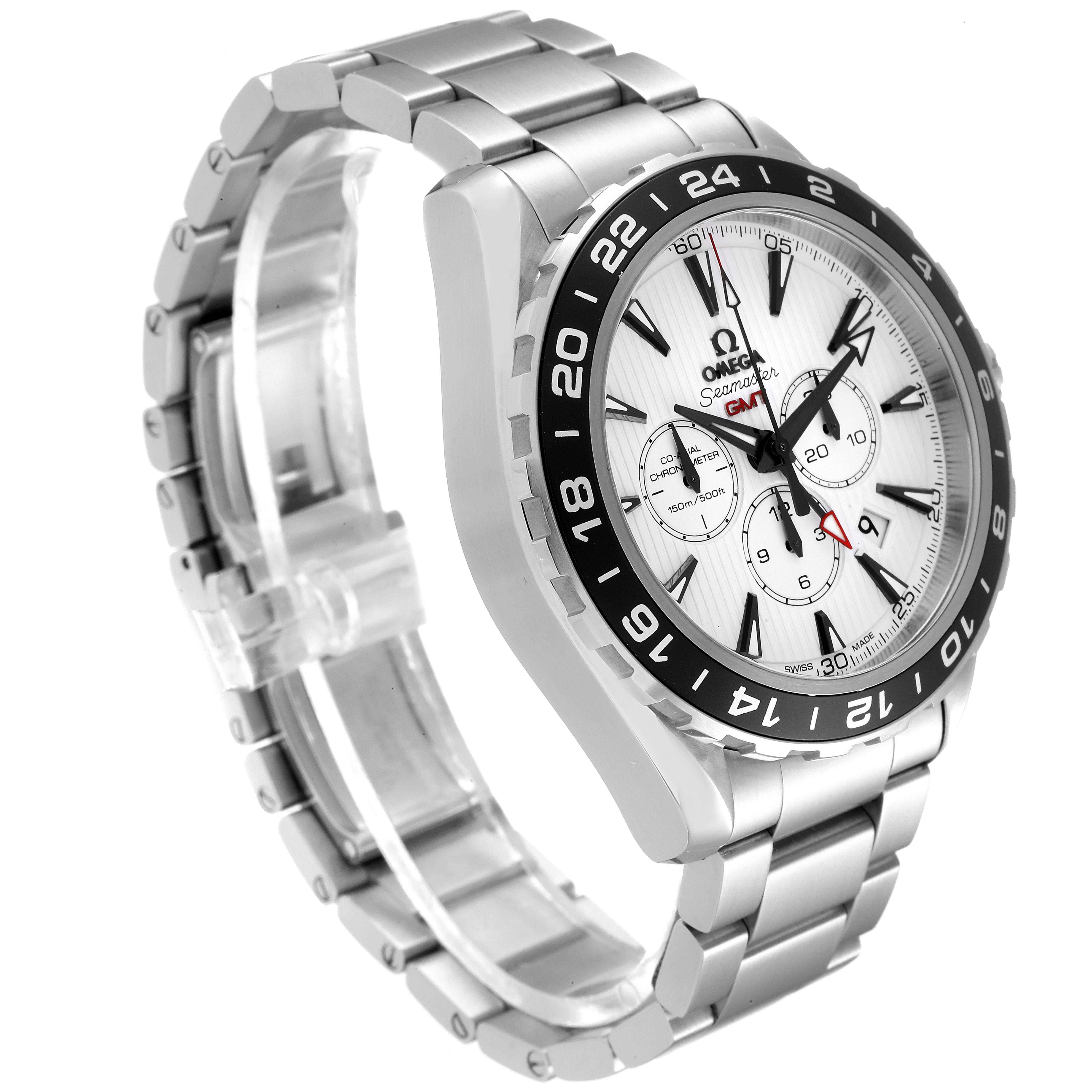 The Omega Aqua Terra 231.10.44.52.04.001 Men
s Stainless Steel White Dial 231.10.44.52.04.001 Men
s Stainless Steel White Dial watch is shown at an angle revealing the face and a portion of the metal bracelet.