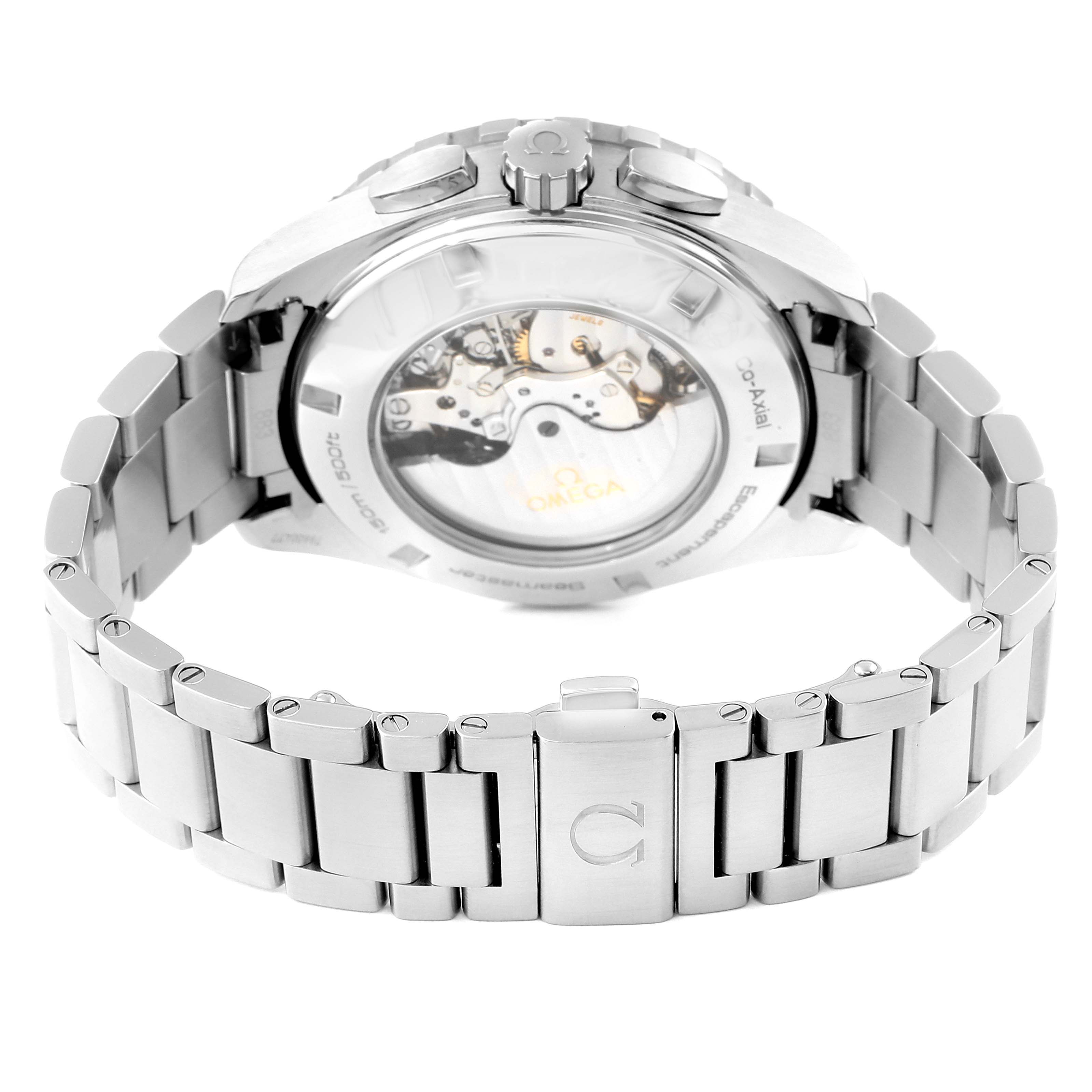 The image shows the back view of an Omega Aqua Terra 231.10.44.52.04.001 Men
s Stainless Steel White Dial 231.10.44.52.04.001 Men
s Stainless Steel White Dial watch, highlighting its stainless steel bracelet and visible automatic movement.