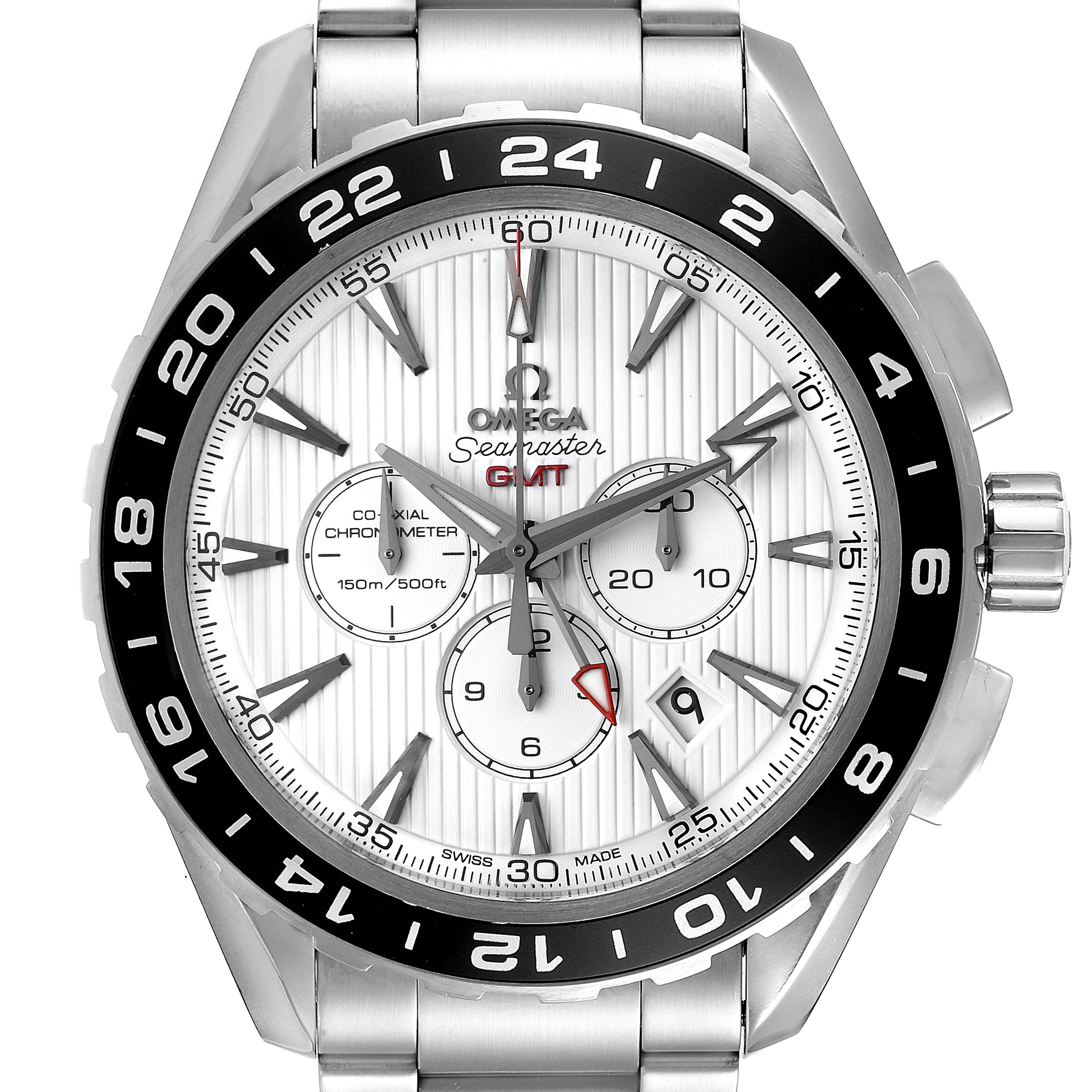 The image shows a front view of the Omega Aqua Terra 231.10.44.52.04.001 Men
s Stainless Steel White Dial 231.10.44.52.04.001 Men
s Stainless Steel White Dial watch, displaying its dial, hands, subdials, and bezel.