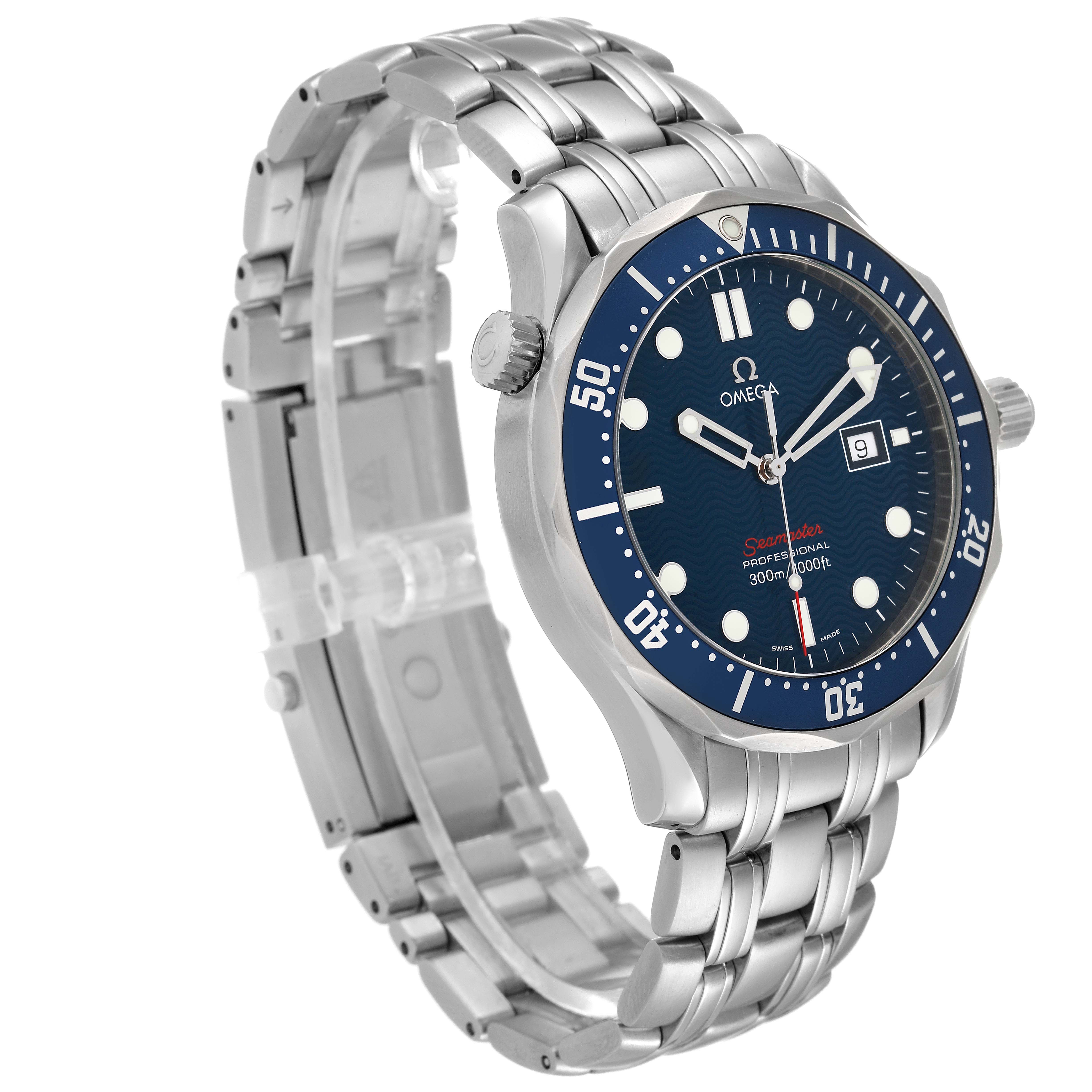 The image shows an Omega Seamaster 2221.80.00 Men's Stainless Steel Blue Dial 2221.80.00 Men's Stainless Steel Blue Dial watch at an angled view, highlighting its blue dial, bezel, and metal bracelet.
