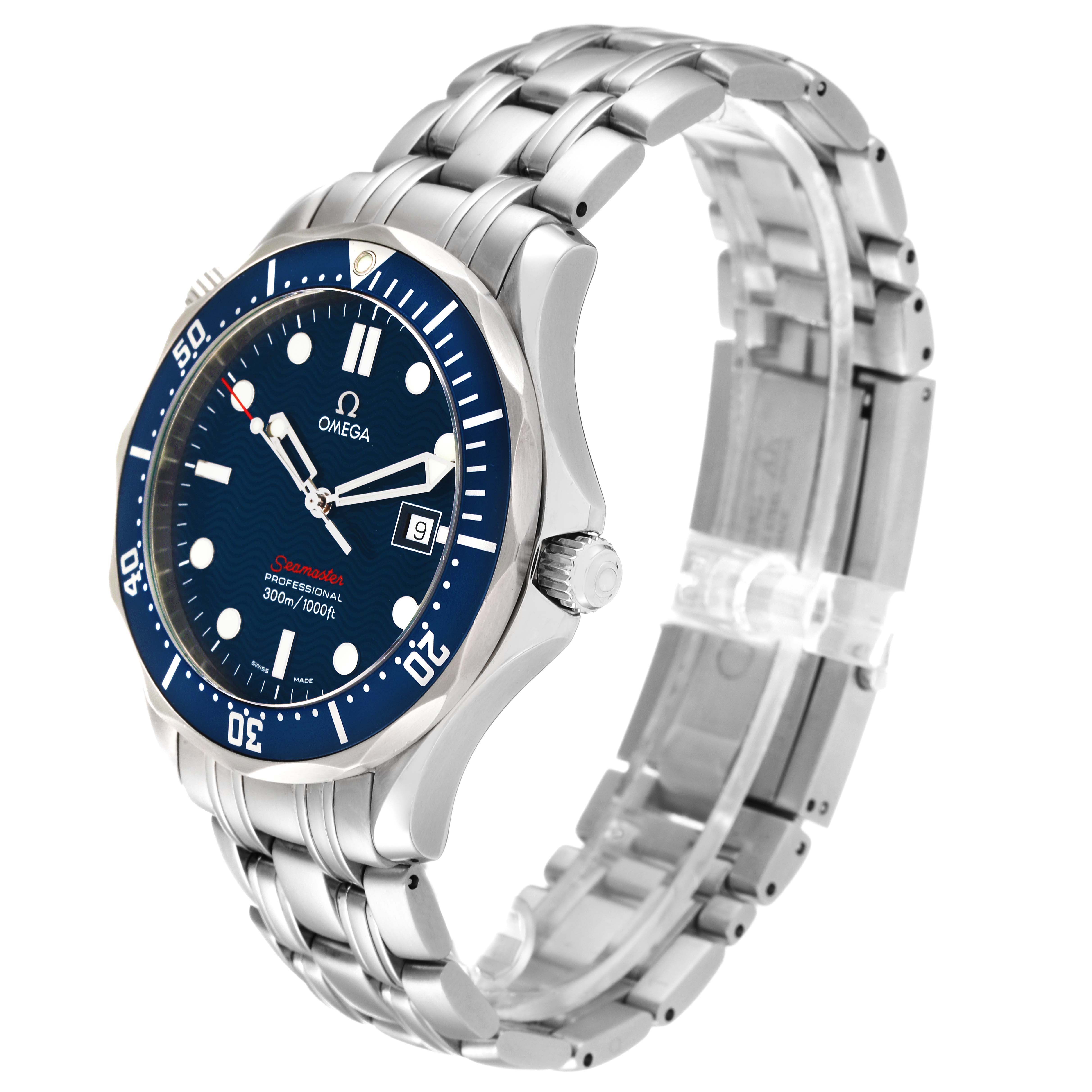 The image shows an Omega Seamaster 2221.80.00 Men's Stainless Steel Blue Dial 2221.80.00 Men's Stainless Steel Blue Dial watch at an angled side view, highlighting the blue dial, bezel, and metal bracelet.