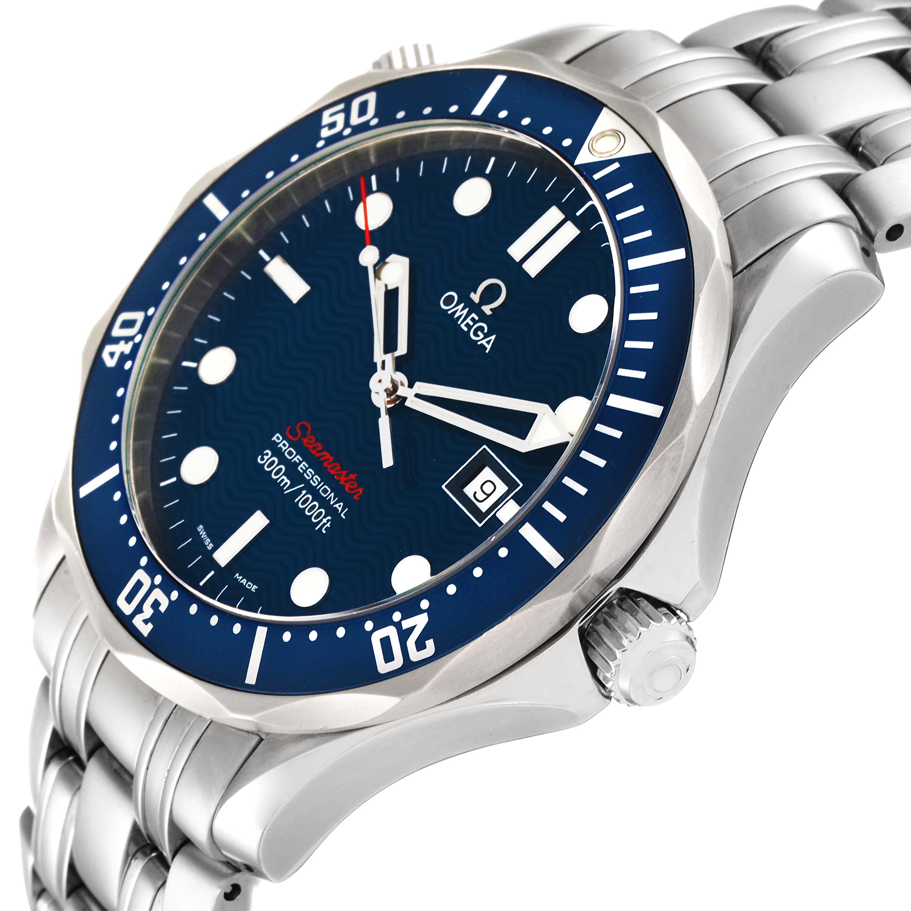 The image shows a close-up angle of the Omega Seamaster 2221.80.00 Men's Stainless Steel Blue Dial 2221.80.00 Men's Stainless Steel Blue Dial watch, highlighting the face, bezel, crown, and part of the metal bracelet.