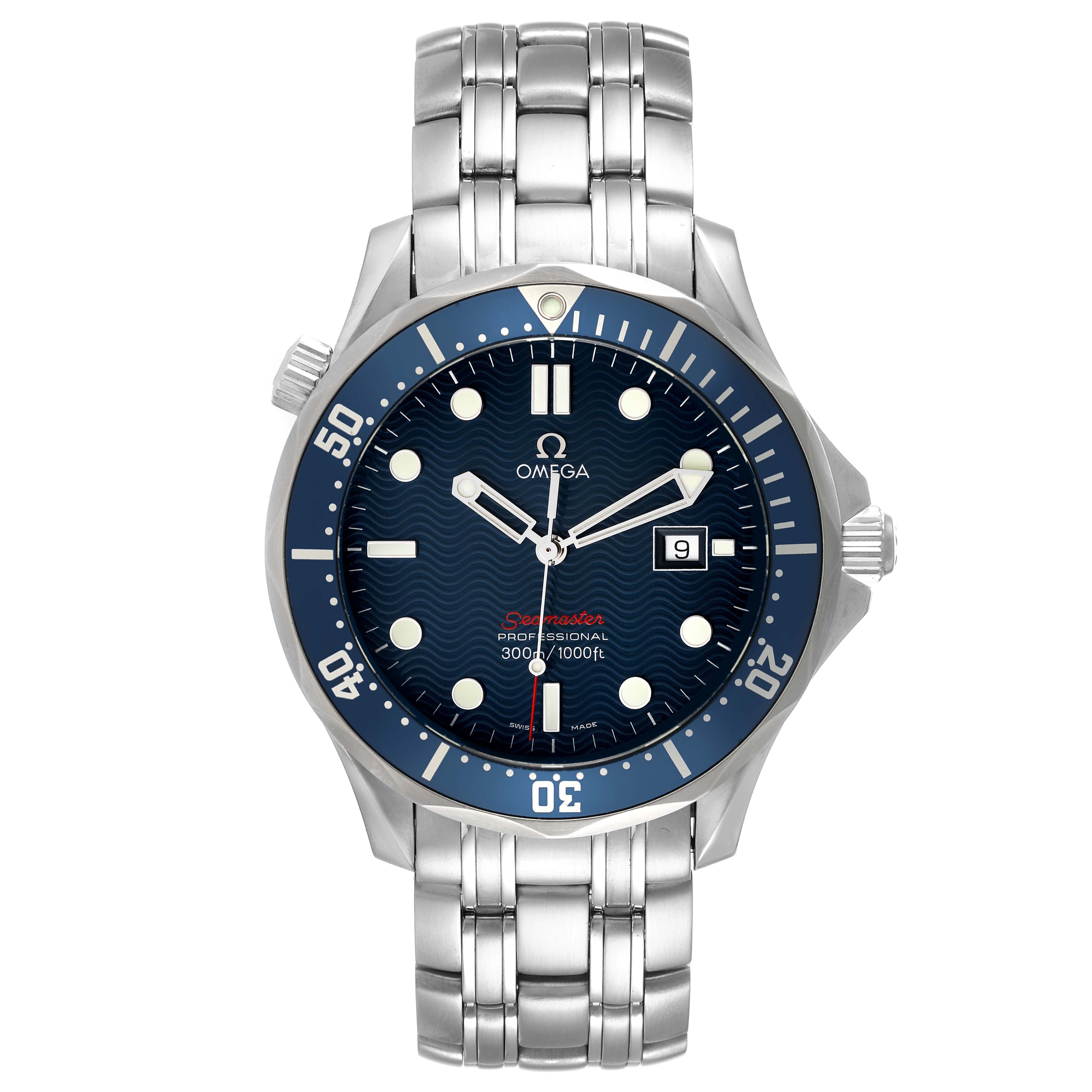 The image shows an Omega Seamaster 2221.80.00 Men's Stainless Steel Blue Dial 2221.80.00 Men's Stainless Steel Blue Dial watch viewed directly from the front, highlighting the face, bezel, and bracelet.