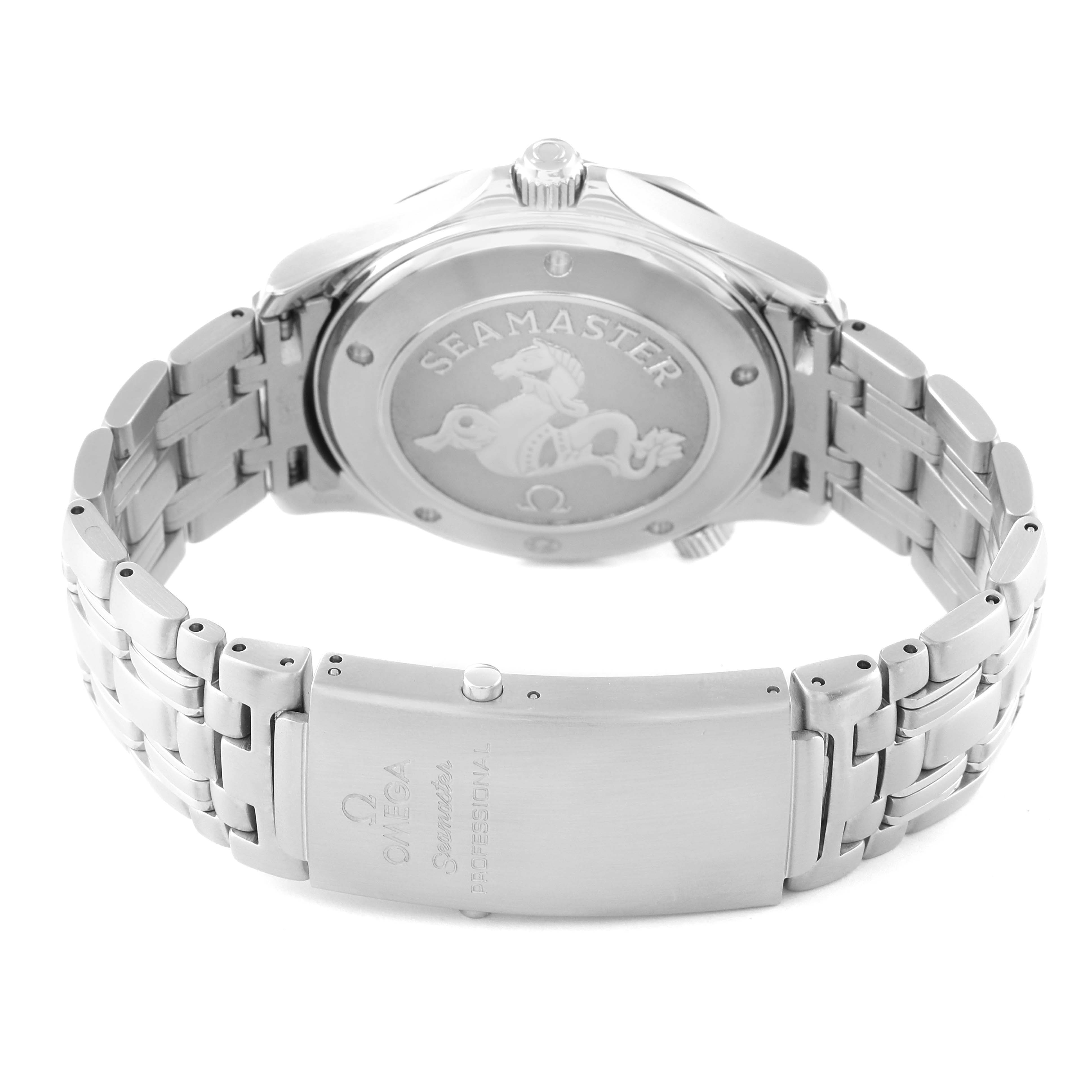 The image shows the back case and clasp of an Omega Seamaster 2221.80.00 Men's Stainless Steel Blue Dial 2221.80.00 Men's Stainless Steel Blue Dial watch, highlighting its engraving and metal bracelet.