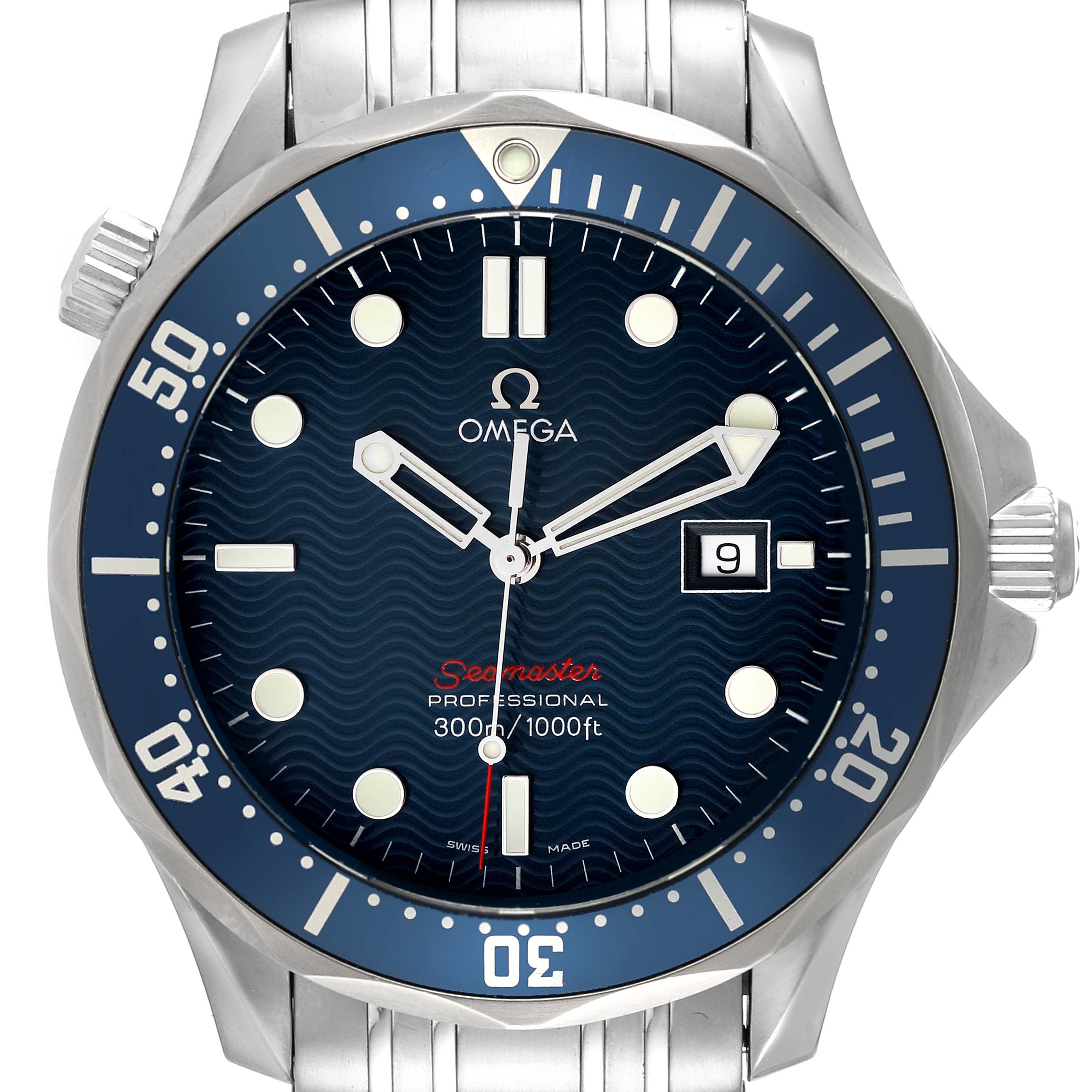 The image shows a front view of the Omega Seamaster 2221.80.00 Men's Stainless Steel Blue Dial 2221.80.00 Men's Stainless Steel Blue Dial watch, displaying the dial, bezel, hands, and part of the bracelet.