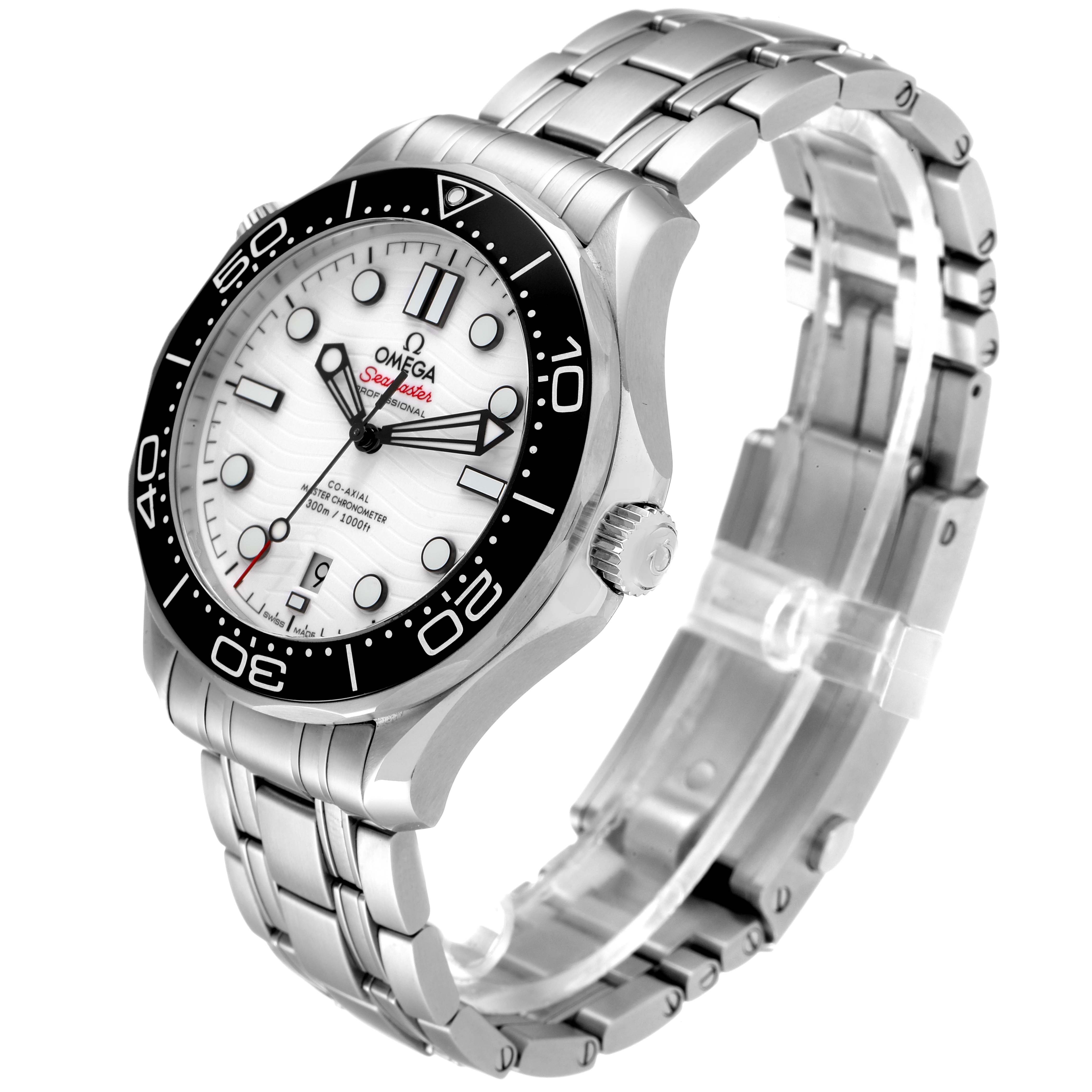 The Omega Seamaster 210.30.42.20.04.001 Men's Stainless Steel White Dial 210.30.42.20.04.001 Men's Stainless Steel White Dial watch is shown at a three-quarter angle, highlighting its face, bezel, crown, and metal bracelet.