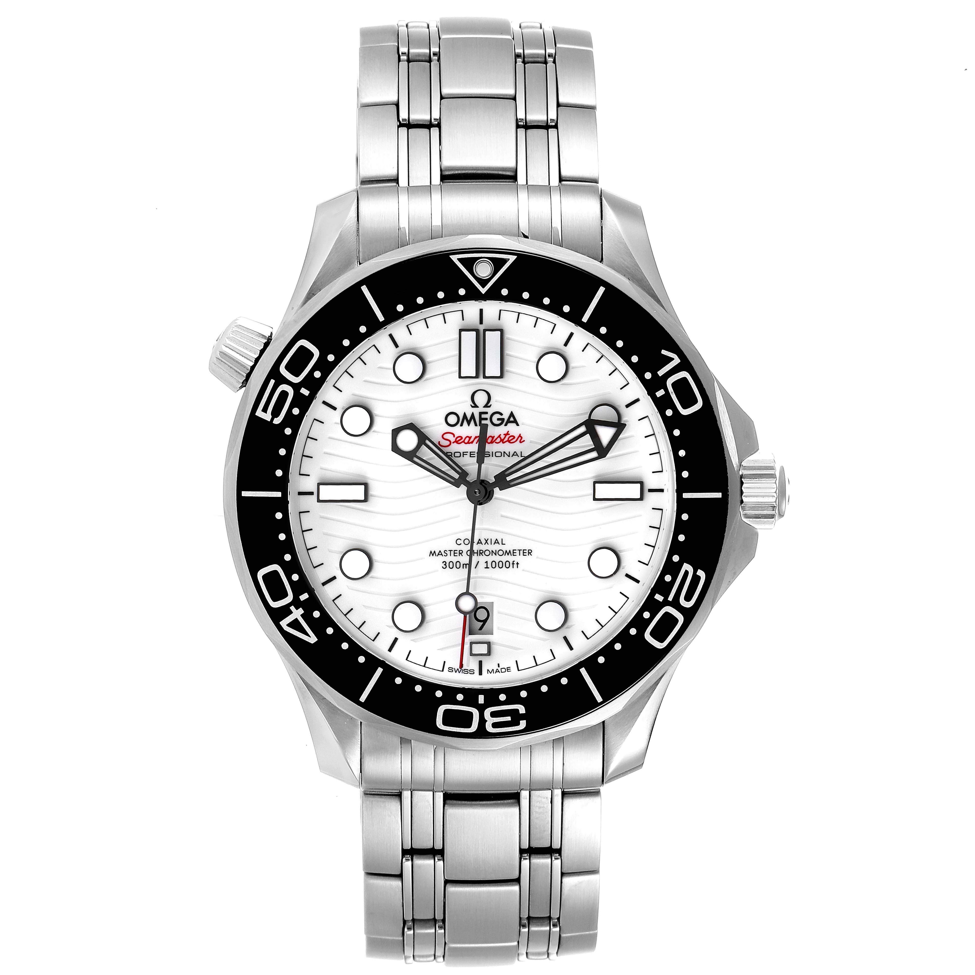 The Omega Seamaster 210.30.42.20.04.001 Men's Stainless Steel White Dial 210.30.42.20.04.001 Men's Stainless Steel White Dial watch is displayed from the front, showing its face, bezel, crown, and stainless steel bracelet.