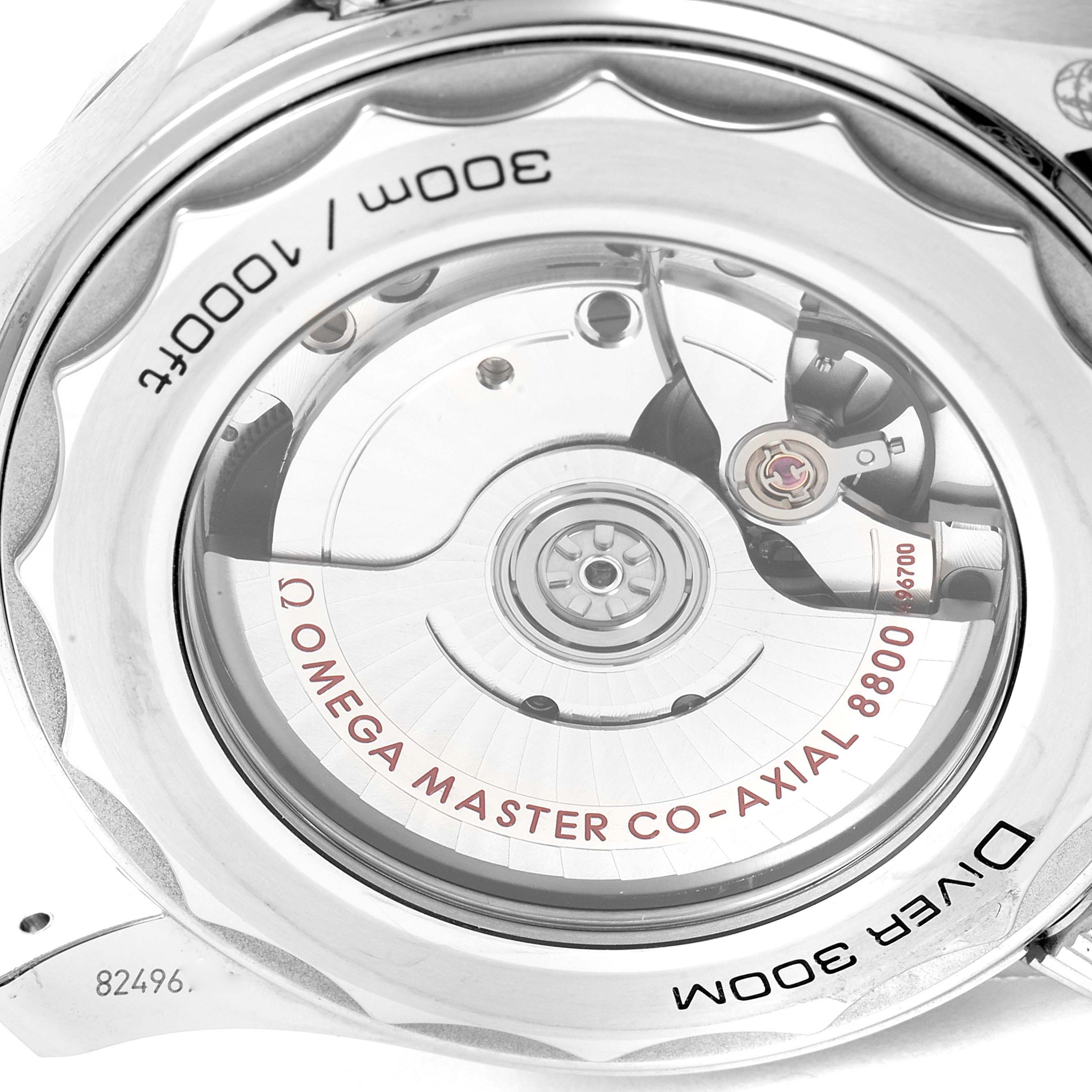 The image shows the back of an Omega Seamaster 210.30.42.20.04.001 Men's Stainless Steel White Dial 210.30.42.20.04.001 Men's Stainless Steel White Dial watch, revealing its Omega Master Co-Axial 8800 movement through a transparent case back.