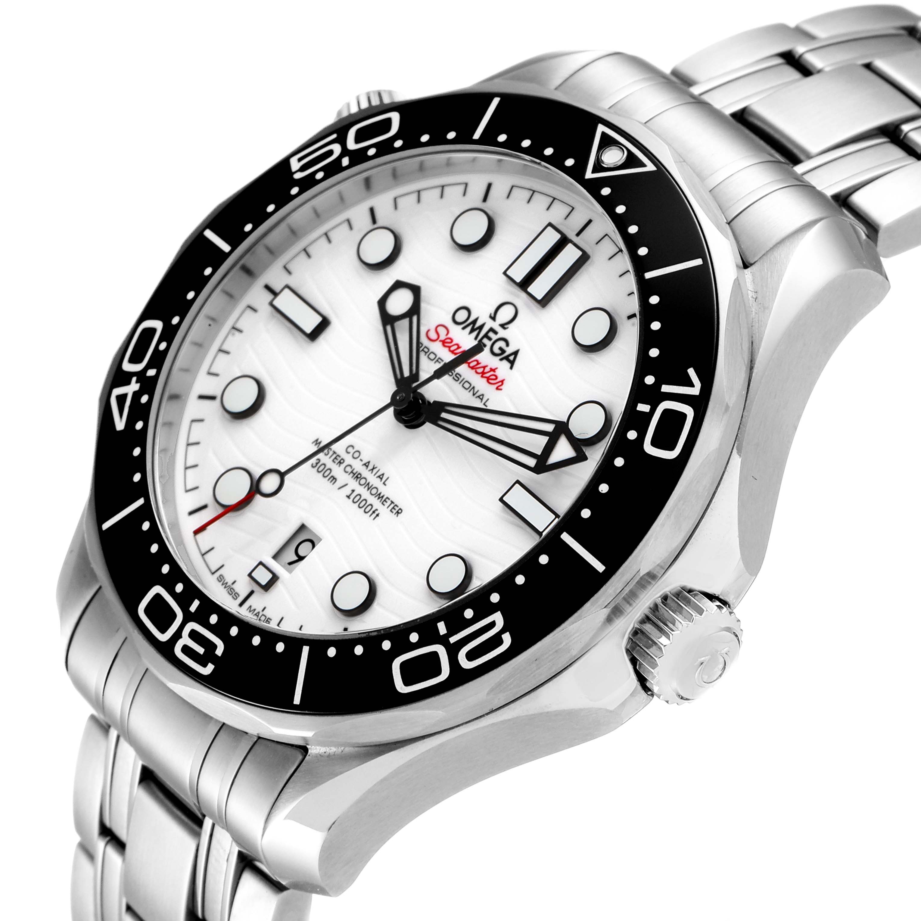 The image shows a side and partial front view of the Omega Seamaster 210.30.42.20.04.001 Men's Stainless Steel White Dial 210.30.42.20.04.001 Men's Stainless Steel White Dial watch, highlighting its dial, bezel, and bracelet.