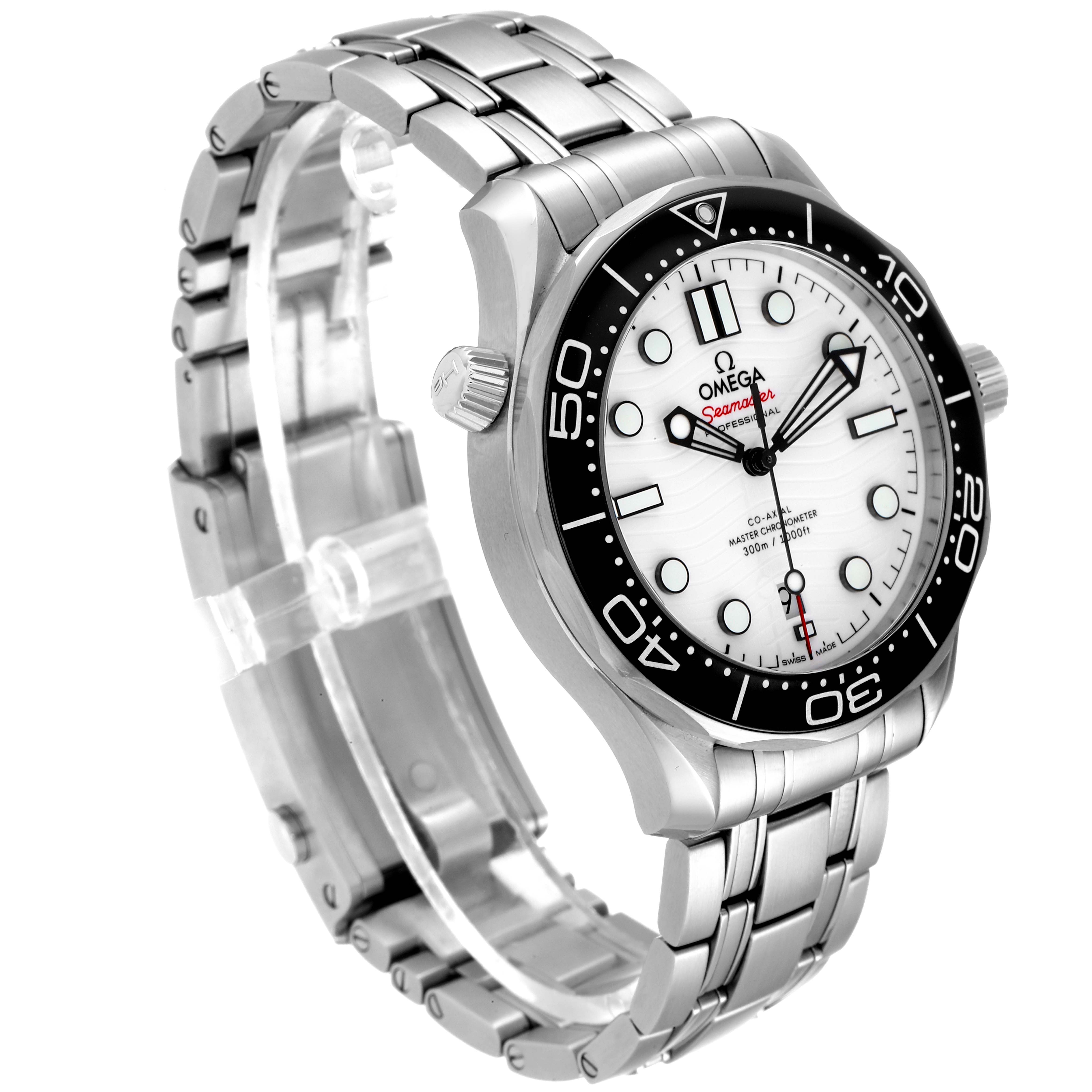 The Omega Seamaster 210.30.42.20.04.001 Men's Stainless Steel White Dial 210.30.42.20.04.001 Men's Stainless Steel White Dial watch is shown at a three-quarter angle, displaying its face, bezel, crown, and metal bracelet.