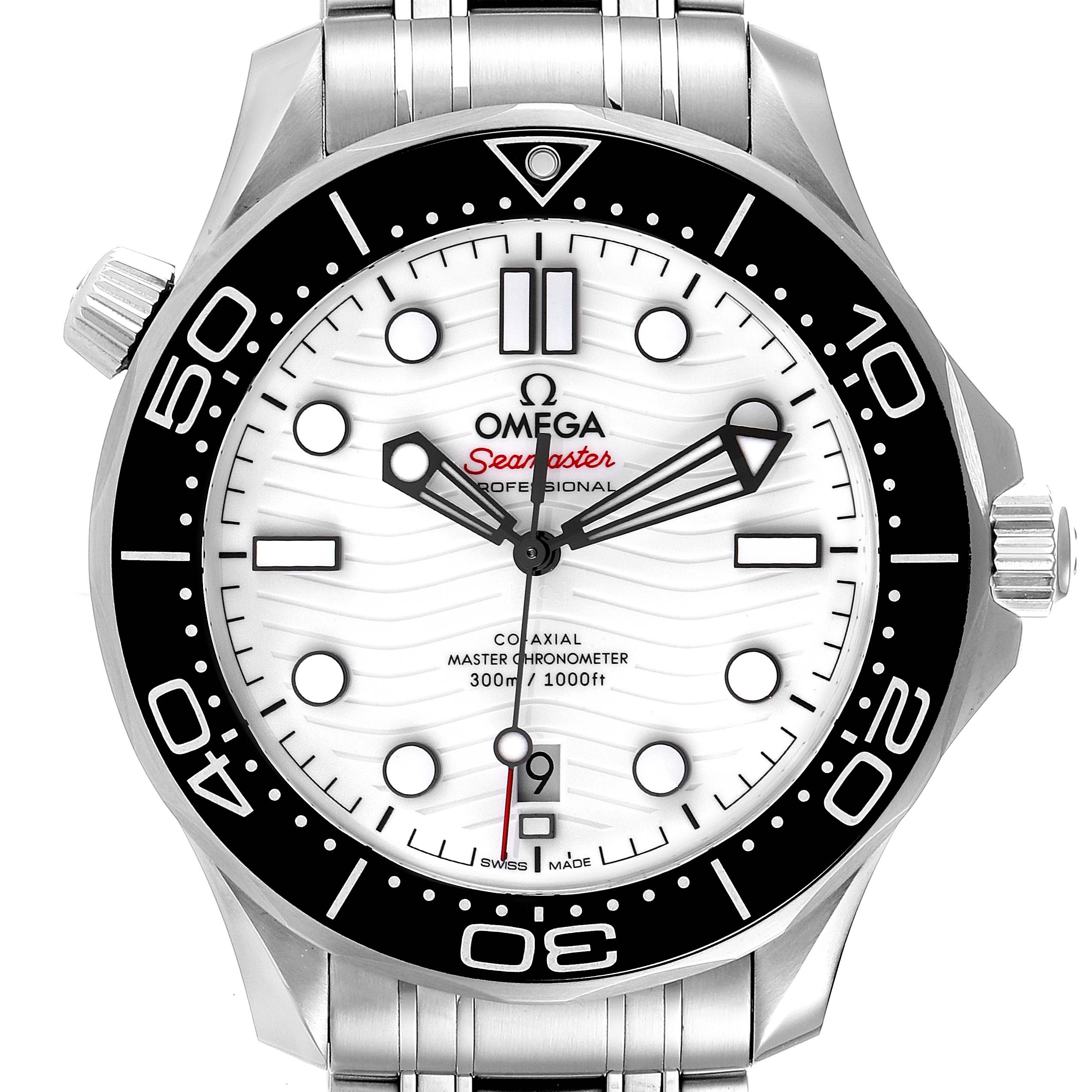 The image shows a front view of the Omega Seamaster 210.30.42.20.04.001 Men's Stainless Steel White Dial 210.30.42.20.04.001 Men's Stainless Steel White Dial watch, displaying its dial, bezel, and part of the bracelet.