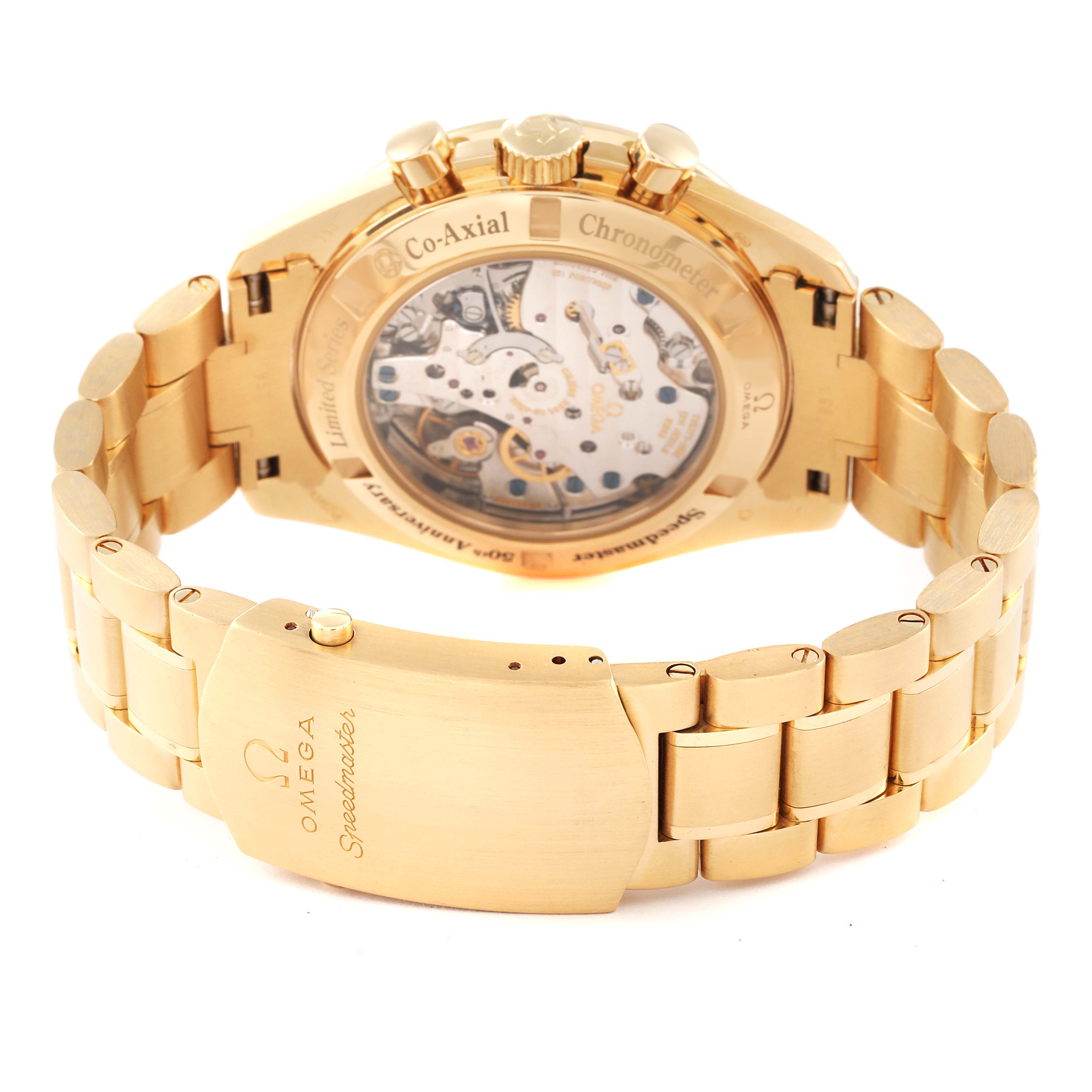 This image shows a rear view of the Omega Speedmaster 311.63.42.50.01.002 Men's Yellow Gold Black Dial 311.63.42.50.01.002 Men's Yellow Gold Black Dial watch, highlighting the movement and bracelet clasp.