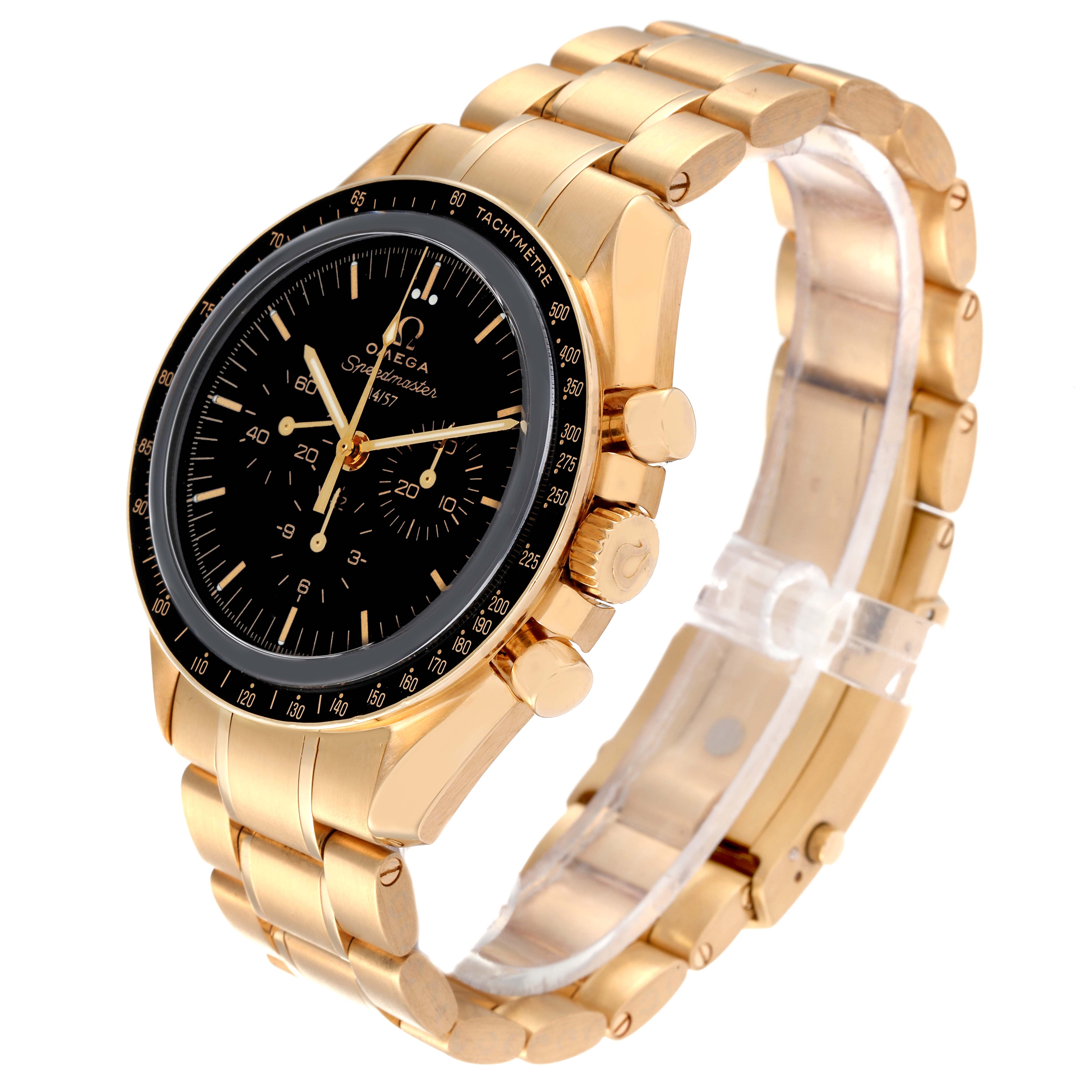The image shows an Omega Speedmaster 311.63.42.50.01.002 Men's Yellow Gold Black Dial 311.63.42.50.01.002 Men's Yellow Gold Black Dial watch at a side angle, showcasing its gold bracelet, black dial, and tachymeter bezel.