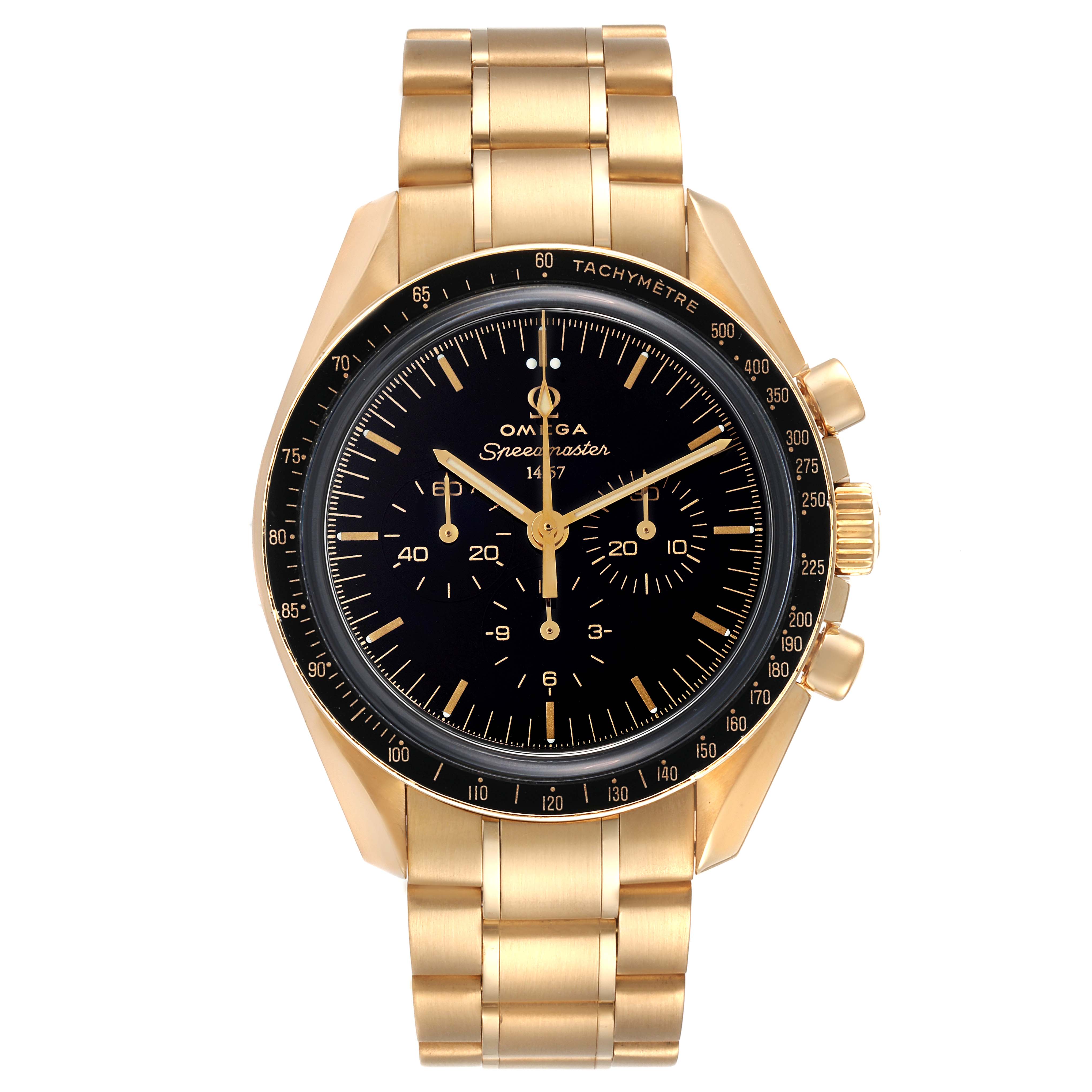 The Omega Speedmaster 311.63.42.50.01.002 Men's Yellow Gold Black Dial 311.63.42.50.01.002 Men's Yellow Gold Black Dial watch is shown from a top-down angle, displaying its gold bracelet, black dial, and chronograph features.