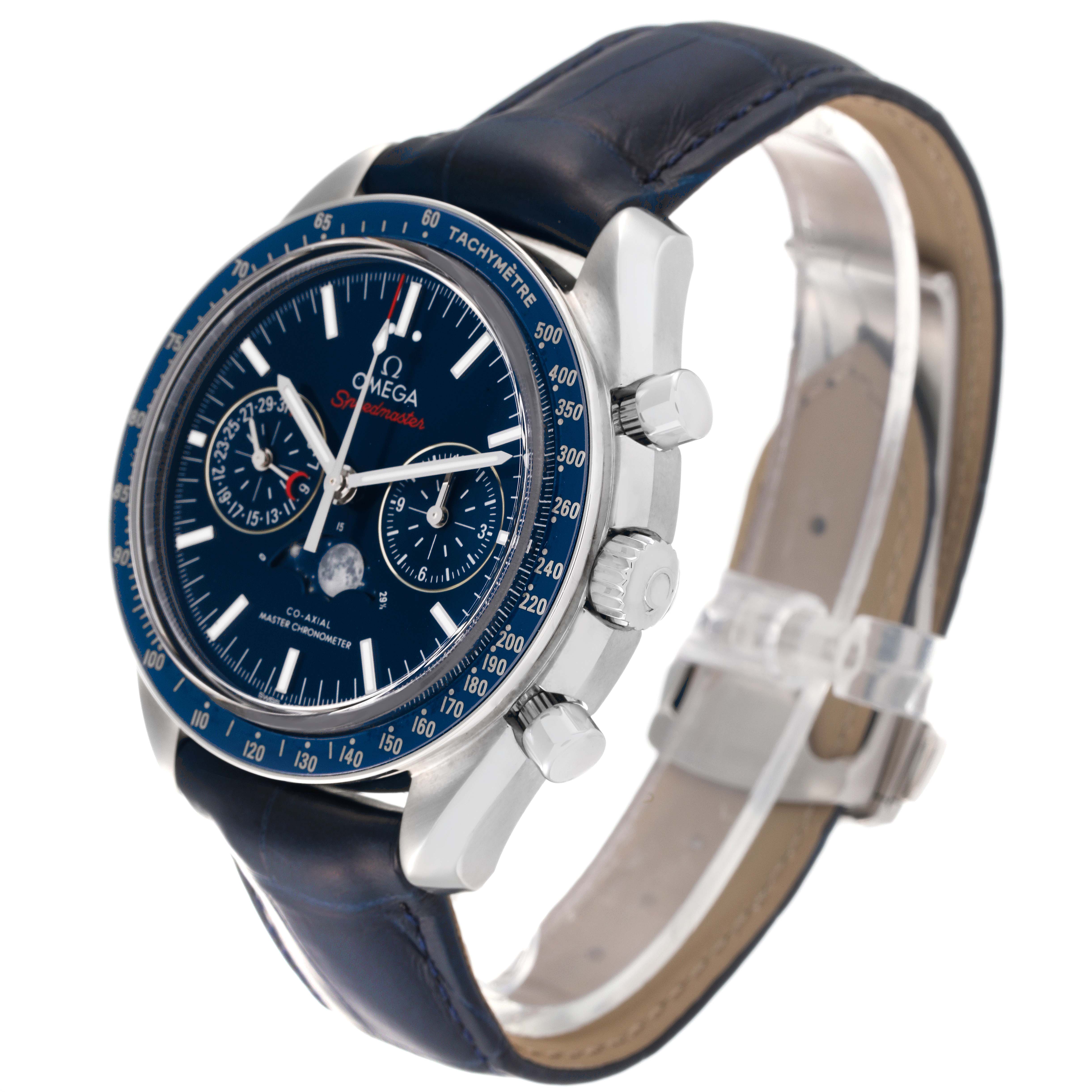 The Omega Speedmaster 304.33.44.52.03.001 Men's Stainless Steel Blue Dial 304.33.44.52.03.001 Men's Stainless Steel Blue Dial watch is shown at a three-quarter angle, displaying its face, side buttons, and leather strap.