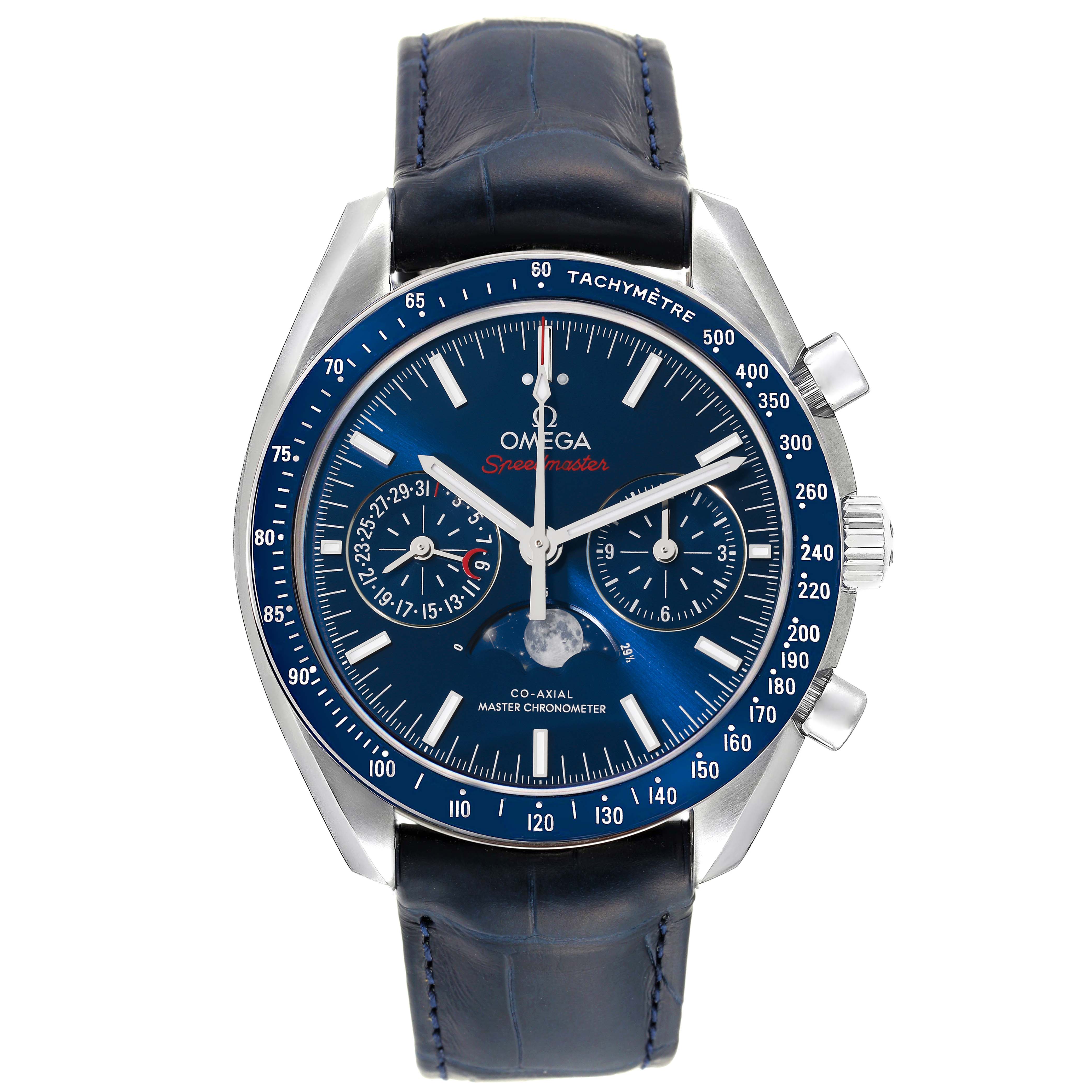 The Omega Speedmaster 304.33.44.52.03.001 Men's Stainless Steel Blue Dial 304.33.44.52.03.001 Men's Stainless Steel Blue Dial watch is shown from the front, displaying its blue dial, subdials, and tachymeter bezel.