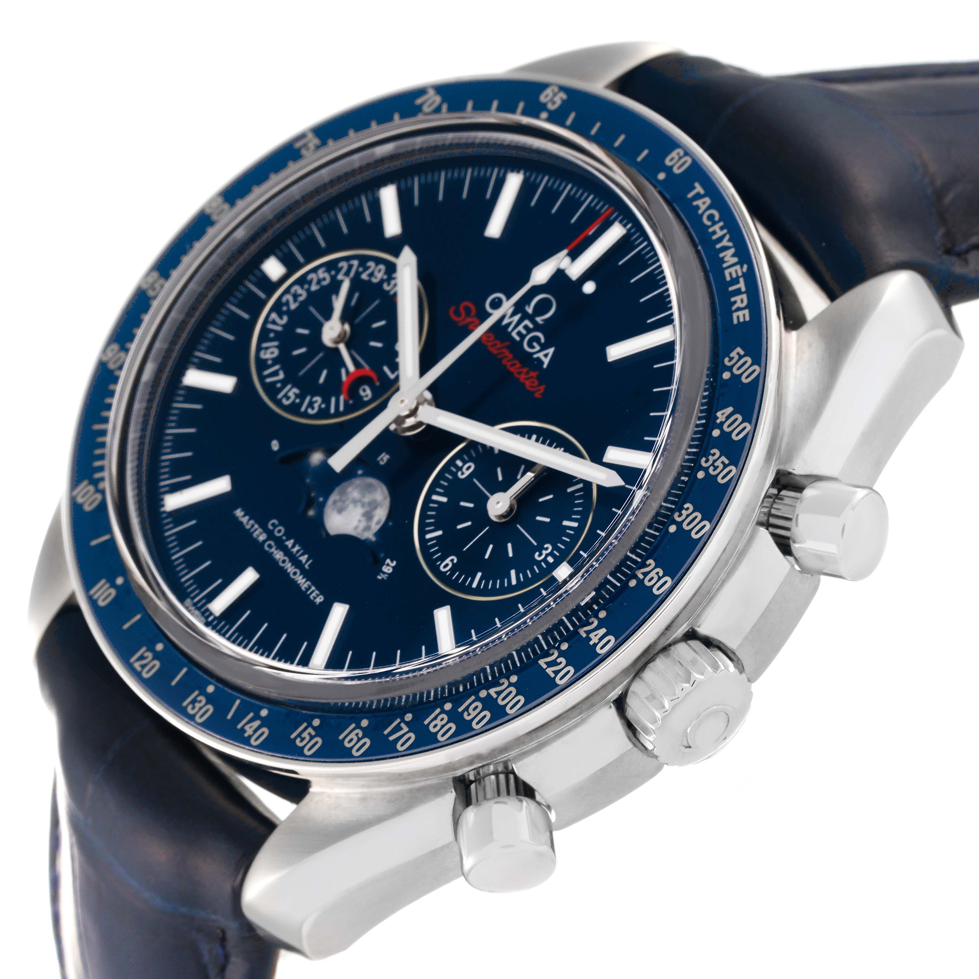 The image shows a close-up angle of the Omega Speedmaster 304.33.44.52.03.001 Men's Stainless Steel Blue Dial 304.33.44.52.03.001 Men's Stainless Steel Blue Dial, highlighting the dial, tachymètre bezel, and crown with pushers.