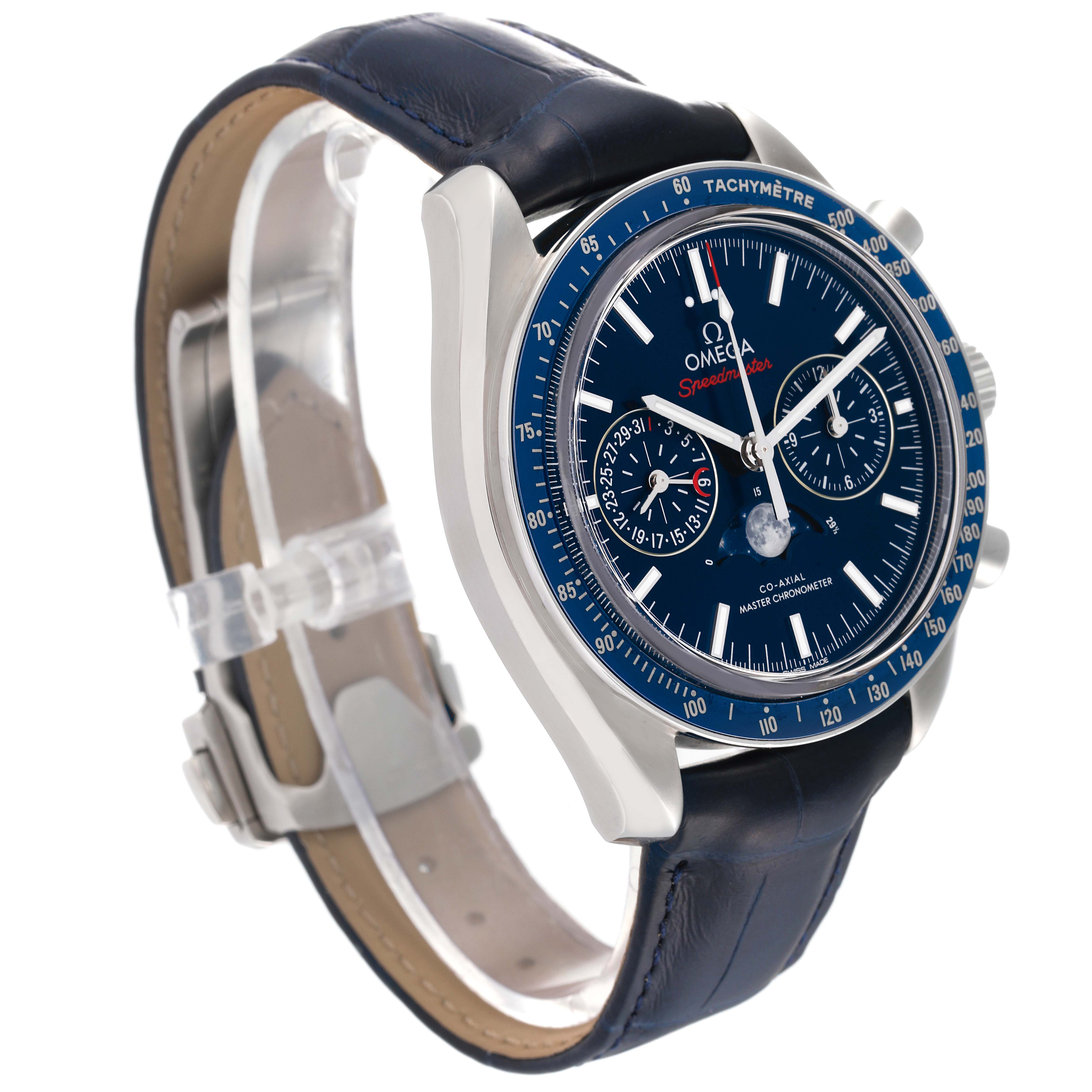 This image shows a side and front angle of an Omega Speedmaster 304.33.44.52.03.001 Men's Stainless Steel Blue Dial 304.33.44.52.03.001 Men's Stainless Steel Blue Dial watch, highlighting the blue dial, tachymeter, subdials, and leather strap.