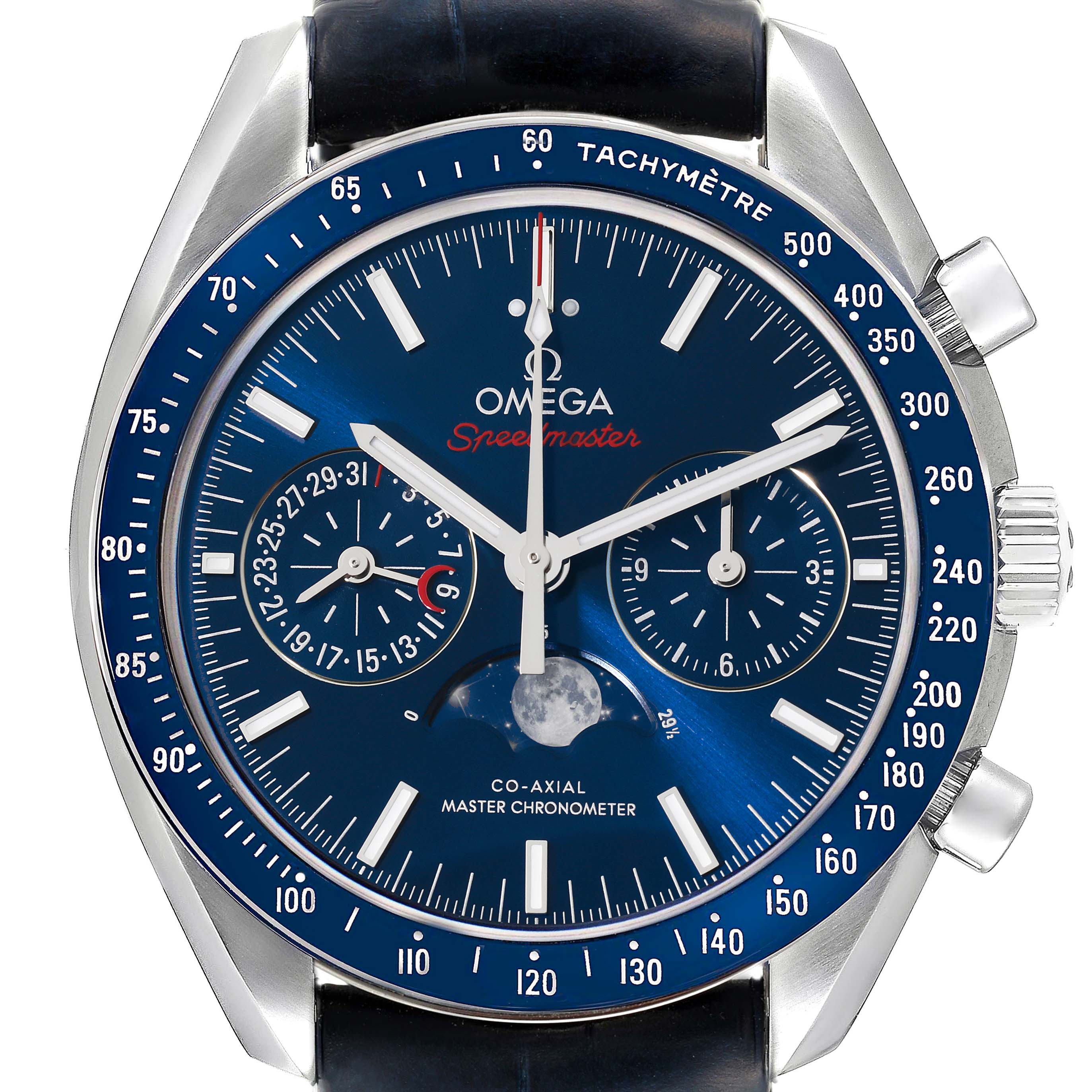 This image shows a close-up, front view of an Omega Speedmaster 304.33.44.52.03.001 Men's Stainless Steel Blue Dial 304.33.44.52.03.001 Men's Stainless Steel Blue Dial watch, highlighting the chronograph subdials, tachymeter scale, date display, and moon phase.
