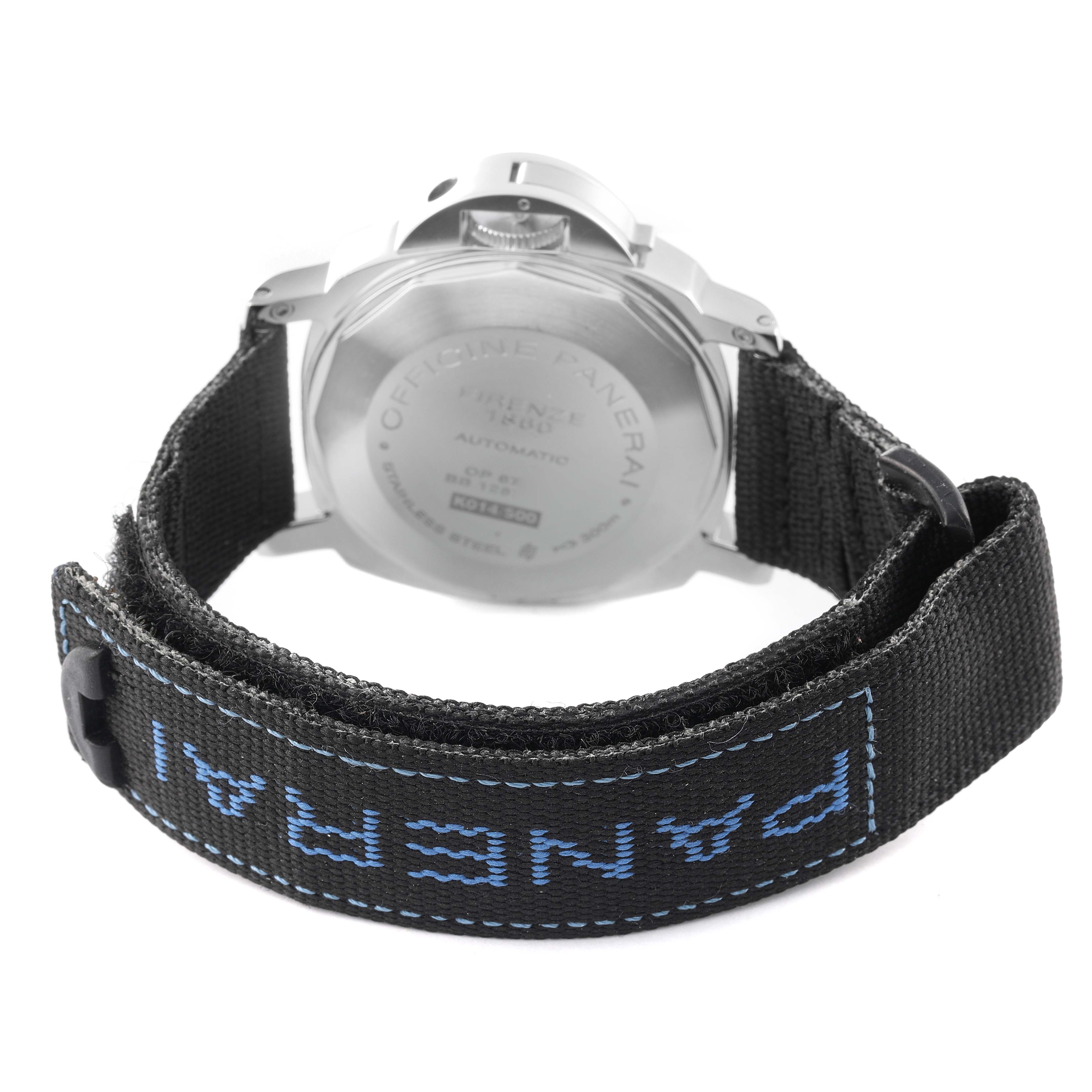 The image shows the back view of the Panerai Luminor PAM00164 Men
s Stainless Steel Black Dial PAM00164 Men
s Stainless Steel Black Dial watch, highlighting the case back and branded strap.