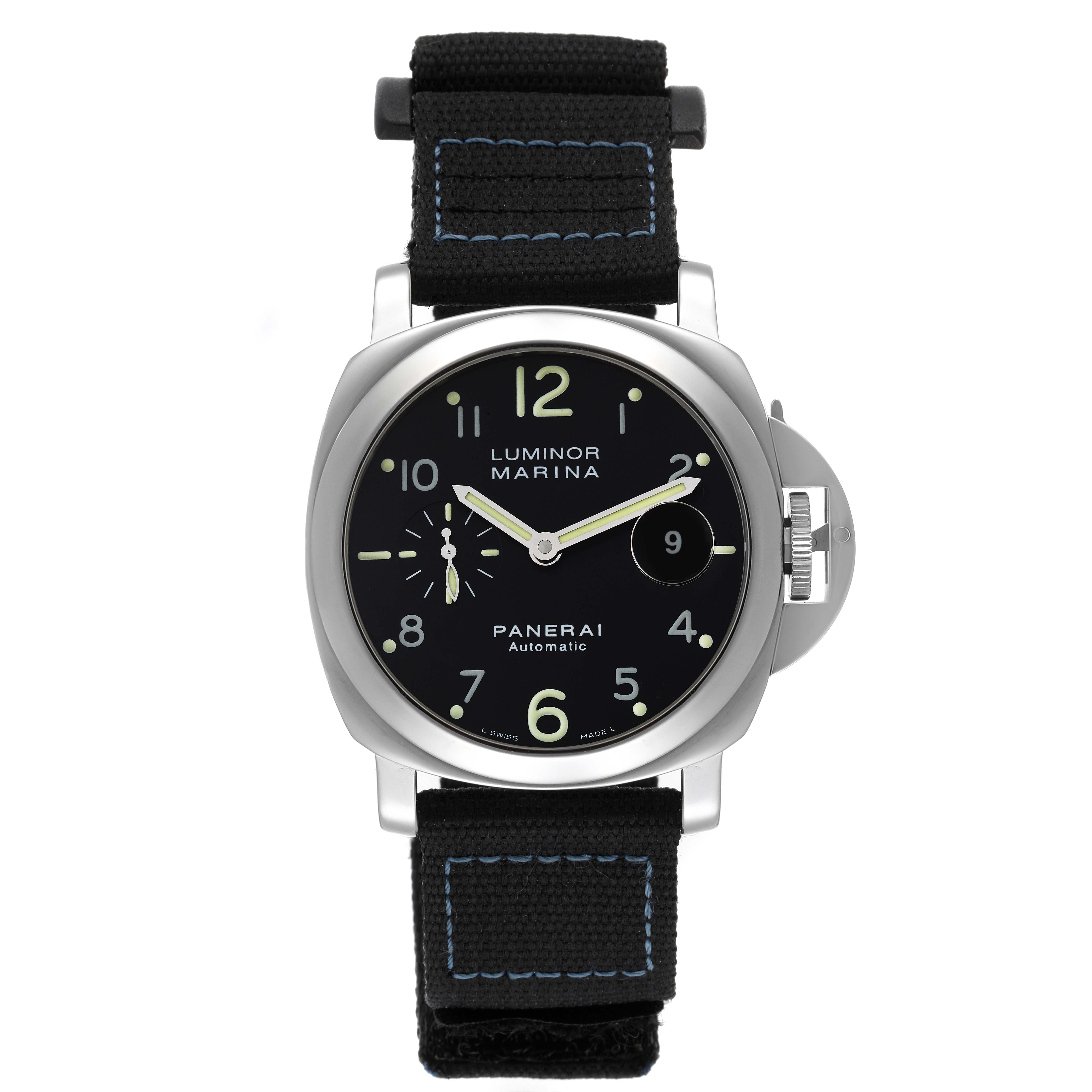 This image features a front view of the Panerai Luminor PAM00164 Men
s Stainless Steel Black Dial PAM00164 Men
s Stainless Steel Black Dial Marina watch, displaying its dial, case, and strap.