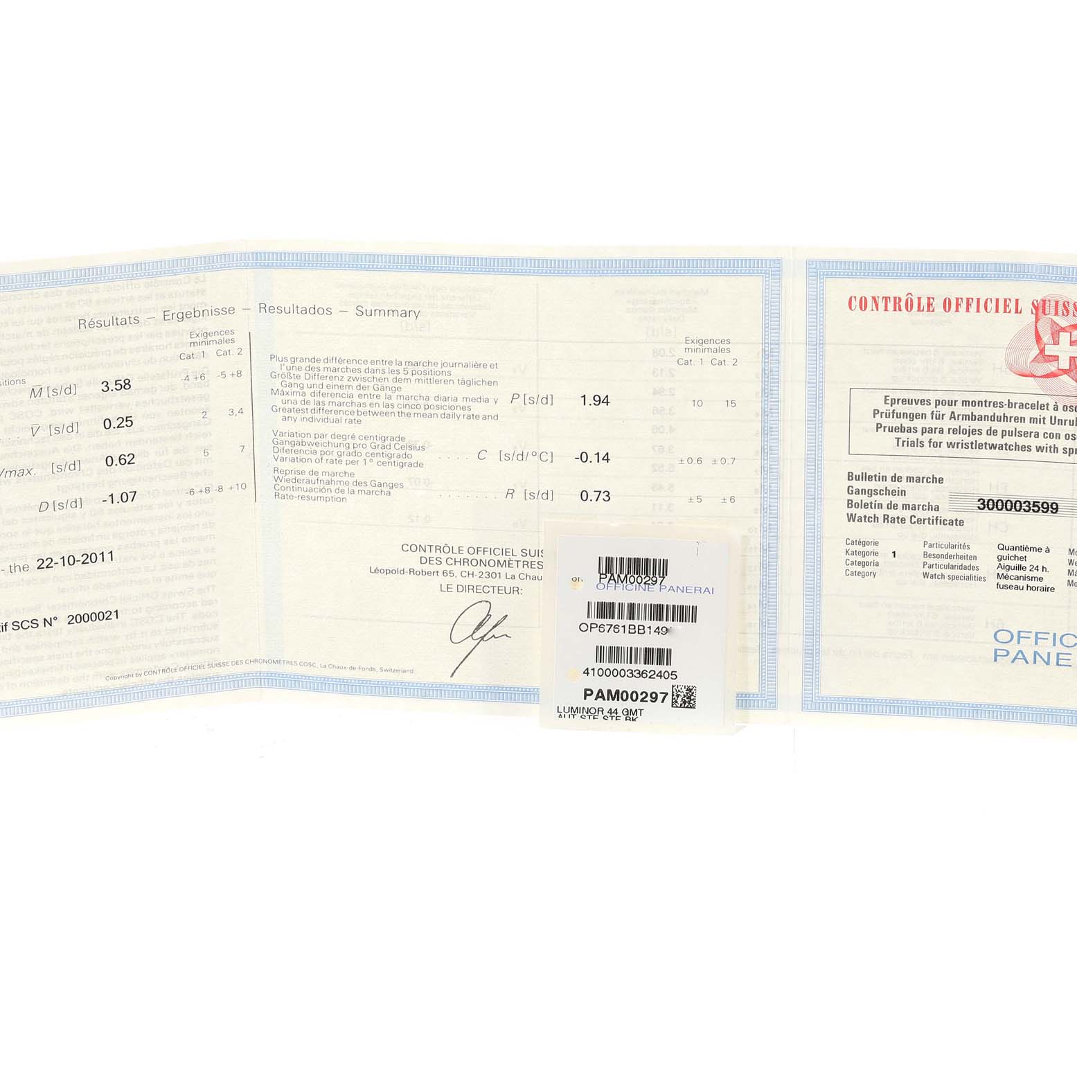 This image shows Best Quality
ation papers and a barcode sticker for the Panerai Luminor PAM00164 Men
s Stainless Steel Black Dial PAM00164 Men
s Stainless Steel Black Dial model, PAM00297.