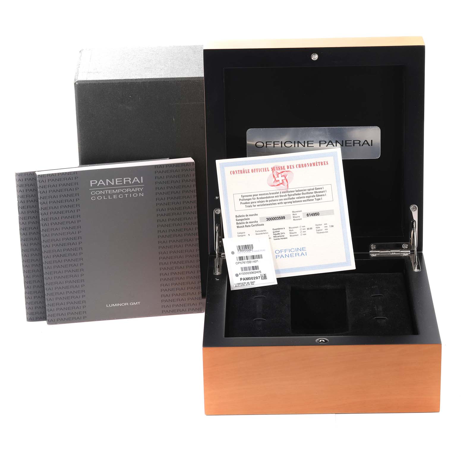 The image shows the packaging and accessories for a Panerai Luminor PAM00164 Men
s Stainless Steel Black Dial PAM00164 Men
s Stainless Steel Black Dial model, including the box, manual, and certificate.