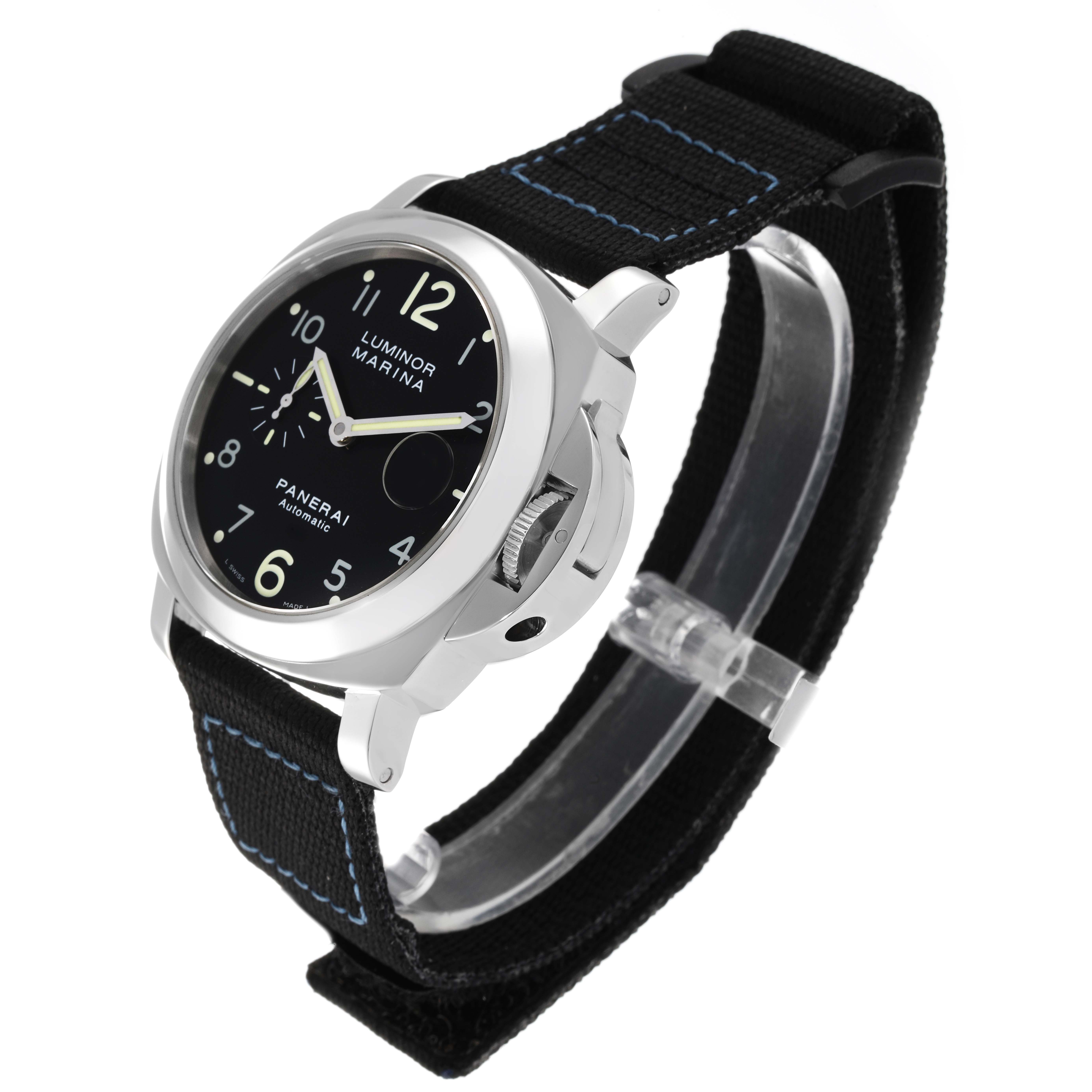 The image shows a Panerai Luminor PAM00164 Men
s Stainless Steel Black Dial PAM00164 Men
s Stainless Steel Black Dial watch from a front-right angle, highlighting the face, case, crown guard, and strap.