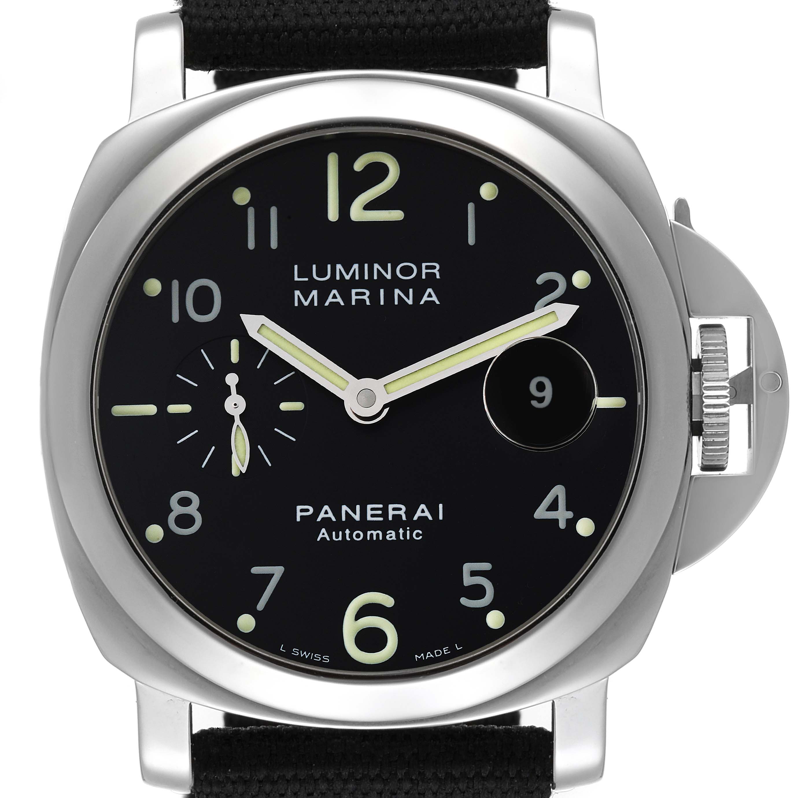The image shows a front view of the Panerai Luminor PAM00164 Men
s Stainless Steel Black Dial PAM00164 Men
s Stainless Steel Black Dial Marina watch, highlighting its dial, hands, and crown guard.