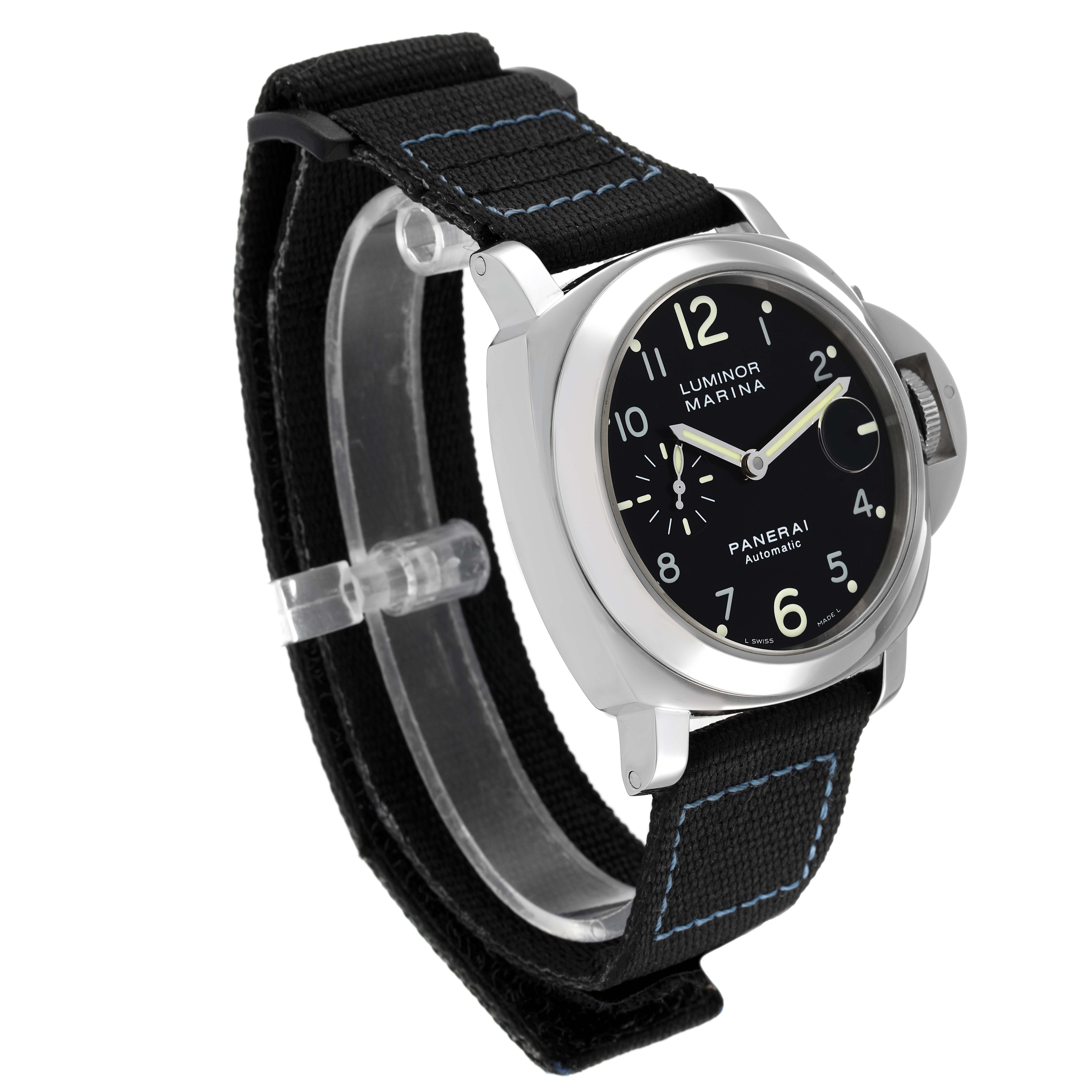 The Panerai Luminor PAM00164 Men
s Stainless Steel Black Dial PAM00164 Men
s Stainless Steel Black Dial Marina watch is shown at an angled view, displaying its face, strap, and crown guard.