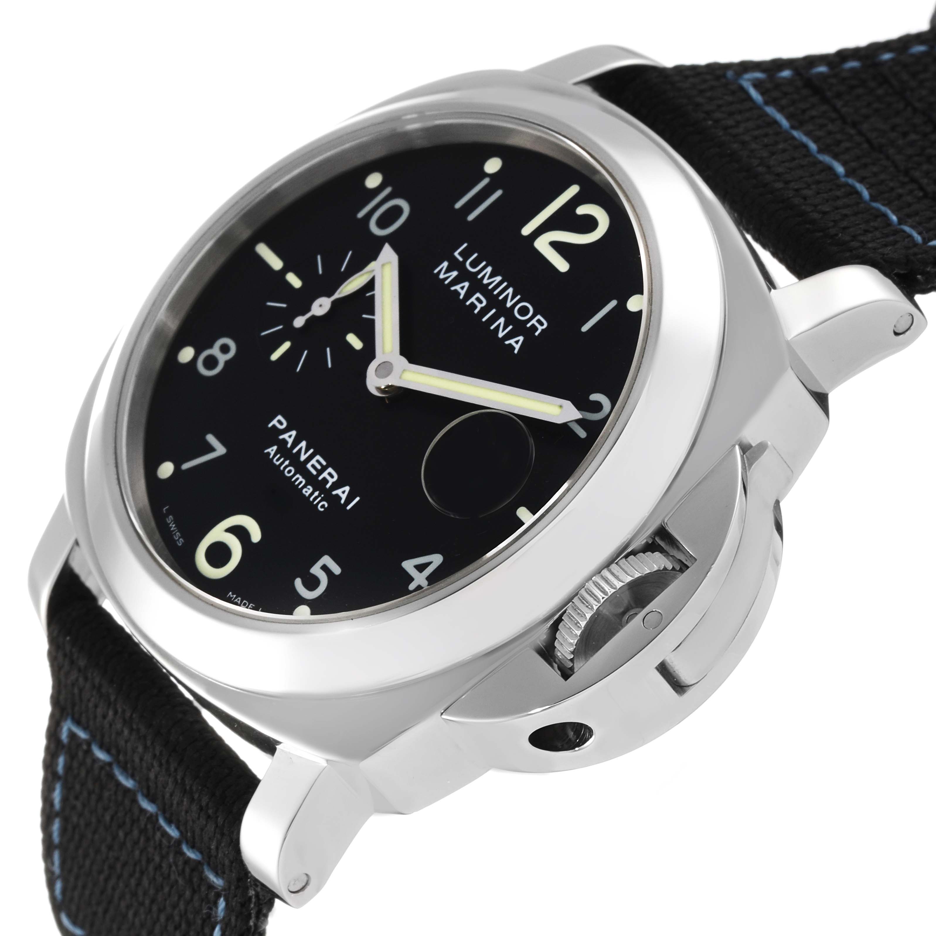This image shows a Panerai Luminor PAM00164 Men
s Stainless Steel Black Dial PAM00164 Men
s Stainless Steel Black Dial Marina watch at an angle highlighting the face, bezel, crown guard, and part of the strap.
