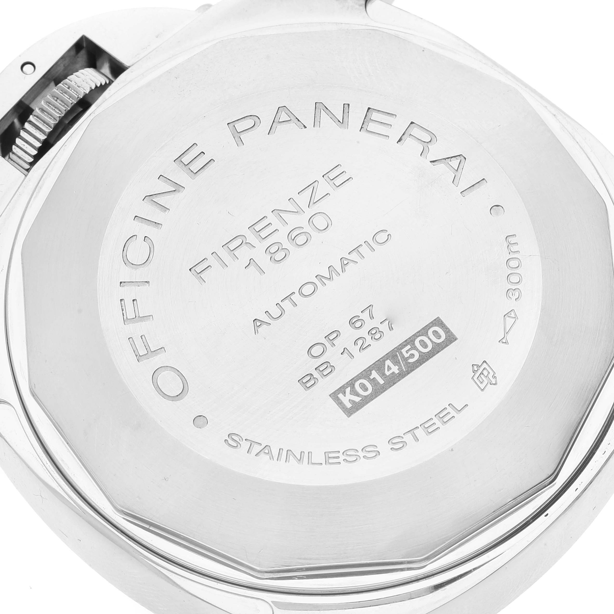 This image shows the back case of a Panerai Luminor PAM00164 Men
s Stainless Steel Black Dial PAM00164 Men
s Stainless Steel Black Dial watch, focusing on the engraved details.