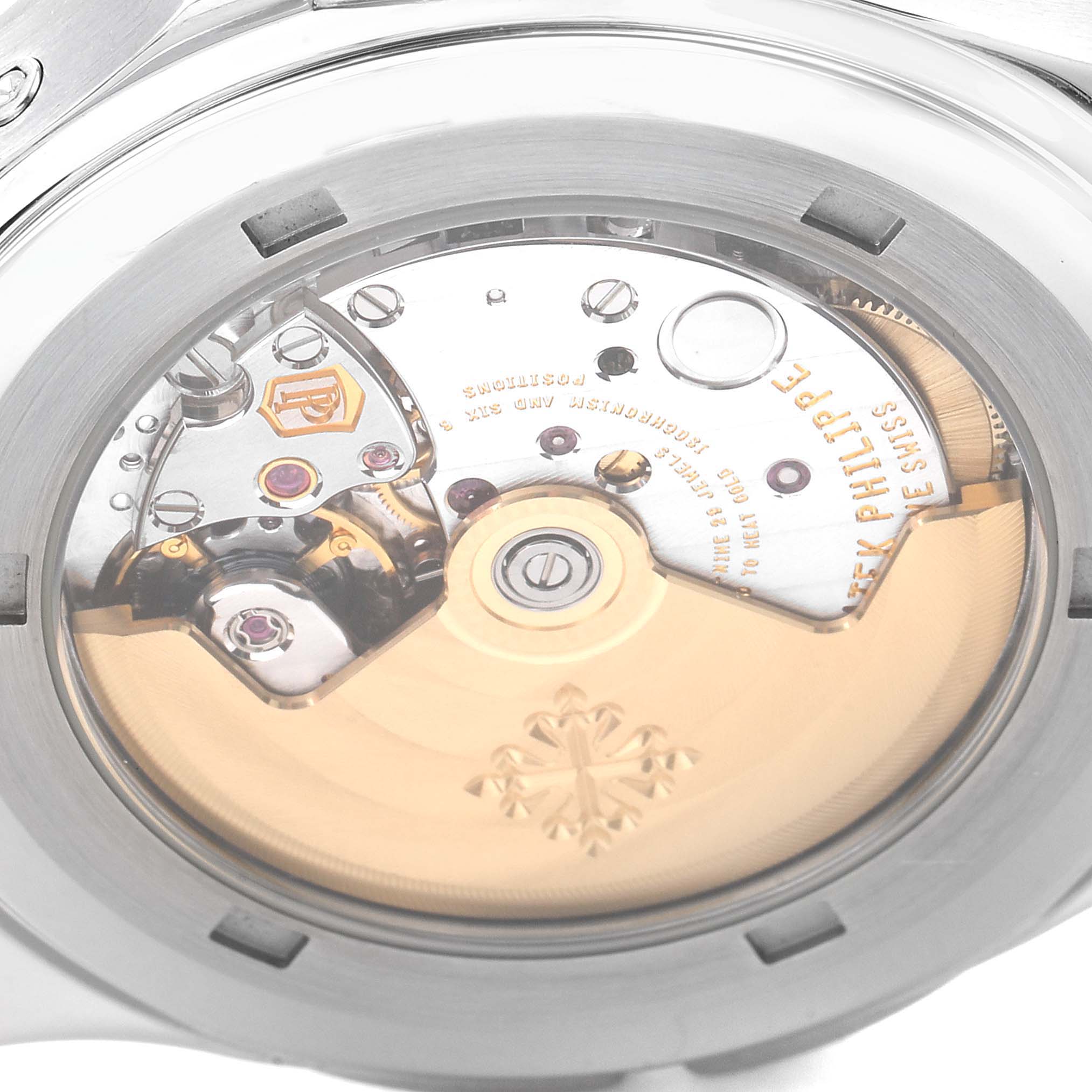 This image shows the intricate movement and rotor mechanism of the Patek Philippe Aquanaut 5164A Men's Stainless Steel Black Dial 5164A Men's Stainless Steel Black Dial watch through its transparent case back.