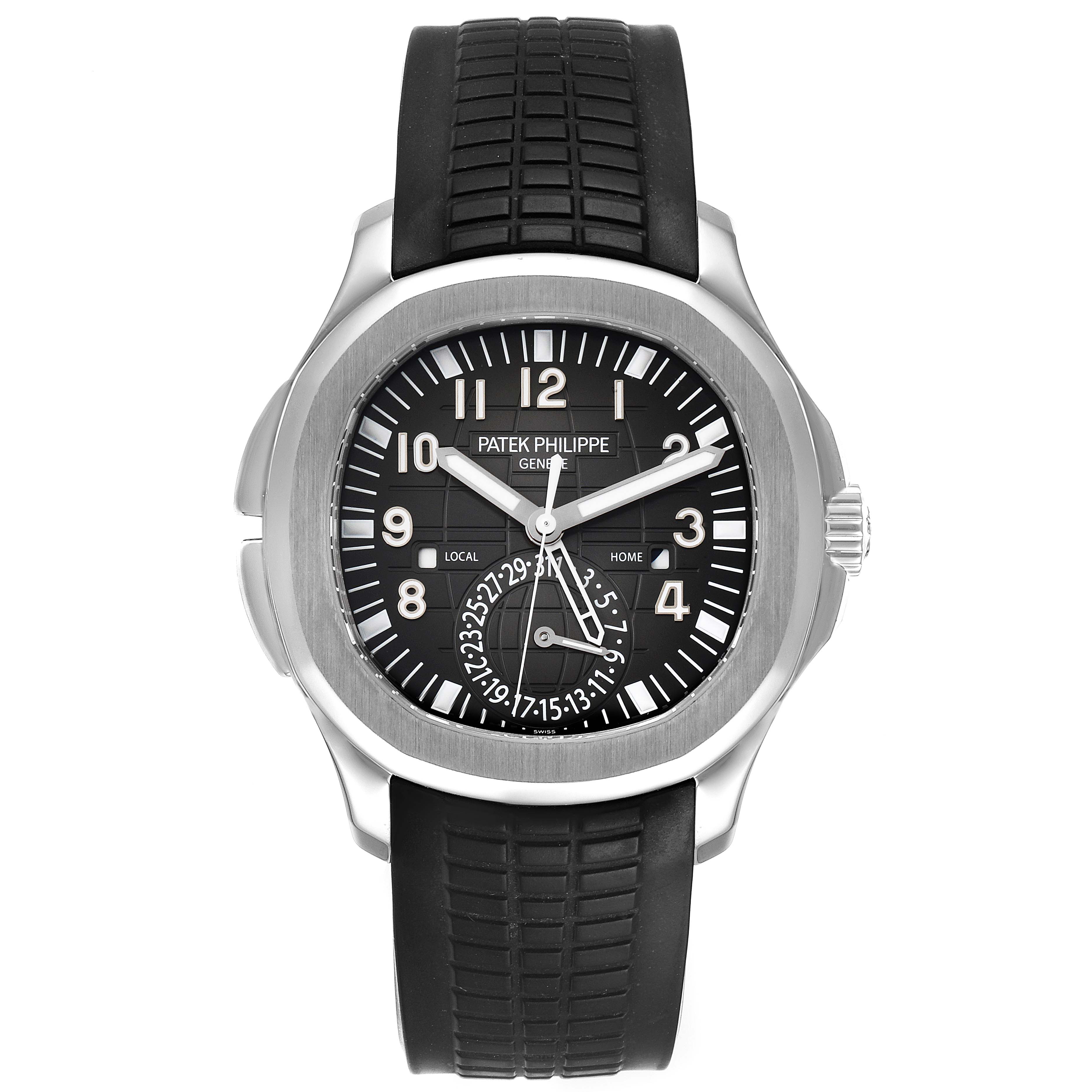 The image shows a frontal view of a Patek Philippe Aquanaut 5164A Men's Stainless Steel Black Dial 5164A Men's Stainless Steel Black Dial watch with a black dial and black rubber strap.