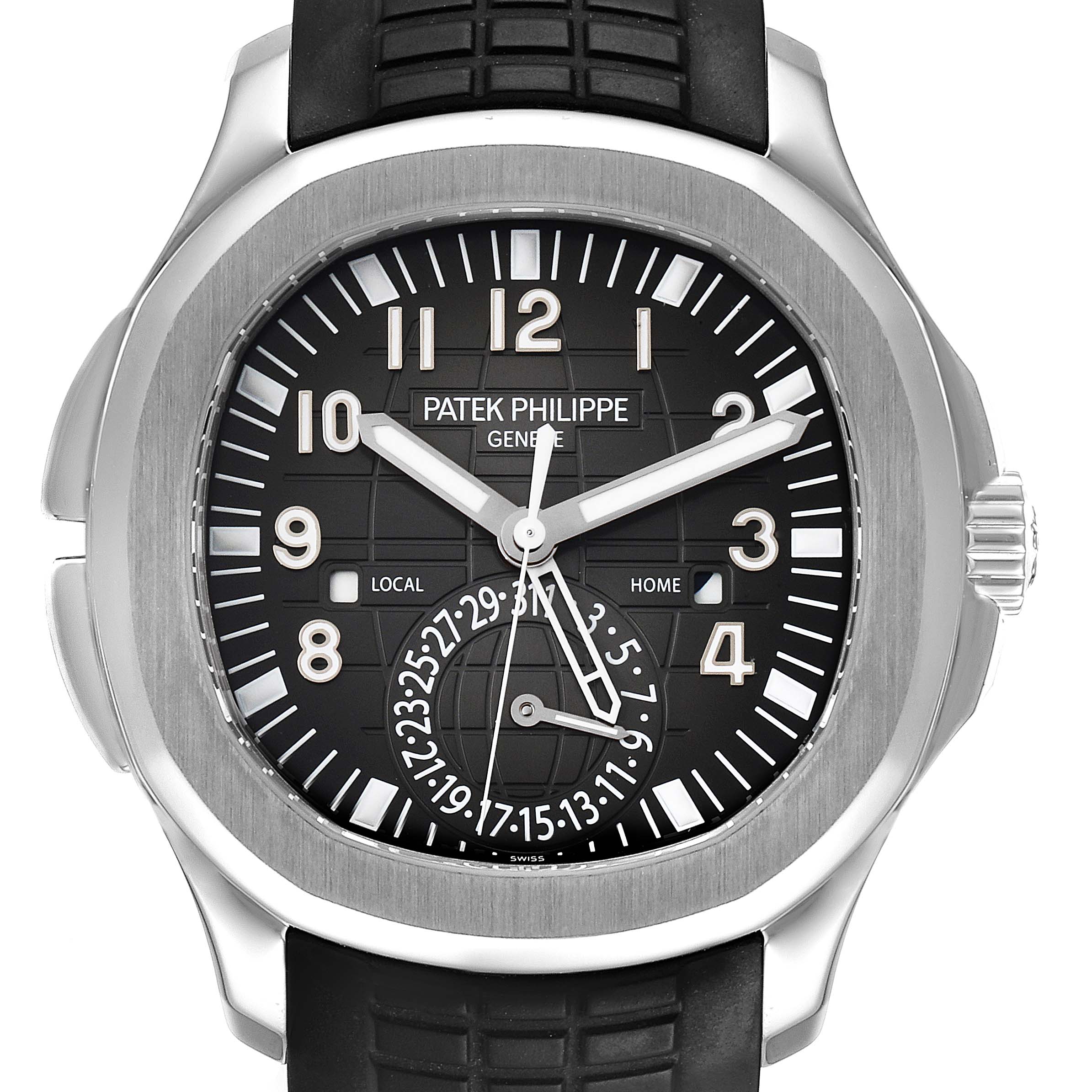 The image shows a front view of the Patek Philippe Aquanaut 5164A Men's Stainless Steel Black Dial 5164A Men's Stainless Steel Black Dial watch face, highlighting its dial, hands, and bezel.