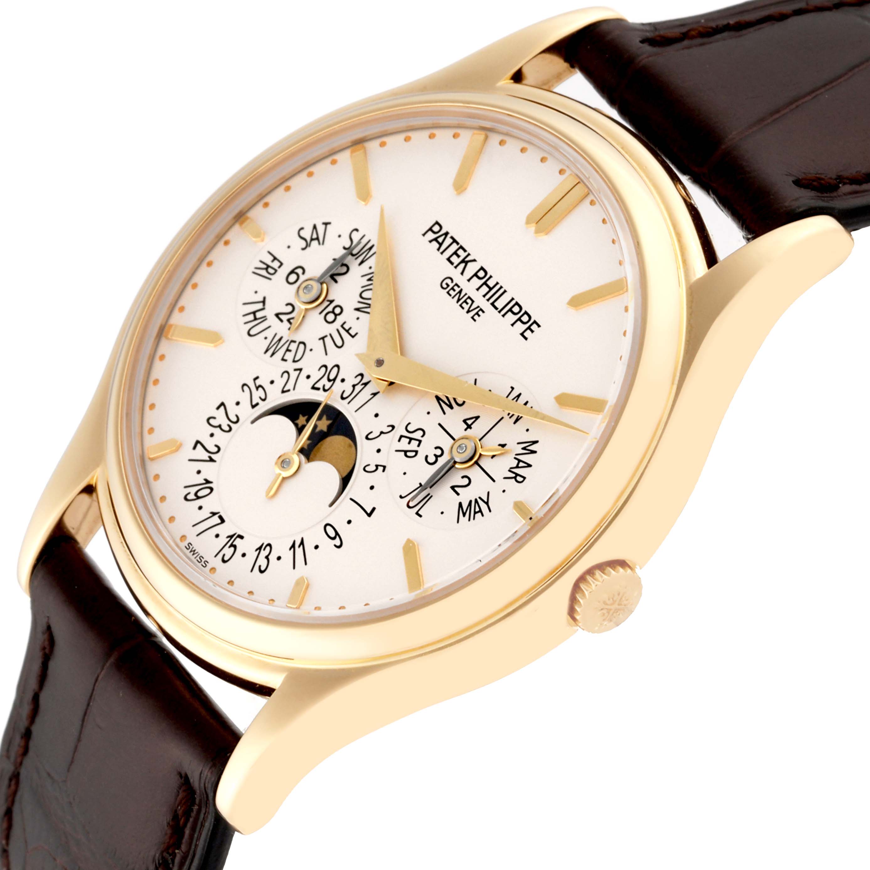 The Patek Philippe Calatrava 5140J-001 Men
s Yellow Gold Silver Dial 5140J-001 Men
s Yellow Gold Silver Dial watch is shown at a slight angled view, highlighting the dial, case, and leather strap.