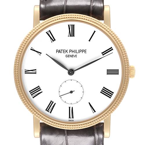 The Patek Philippe Calatrava watch is shown from the front, displaying the dial, hands, crown, and part of the strap.