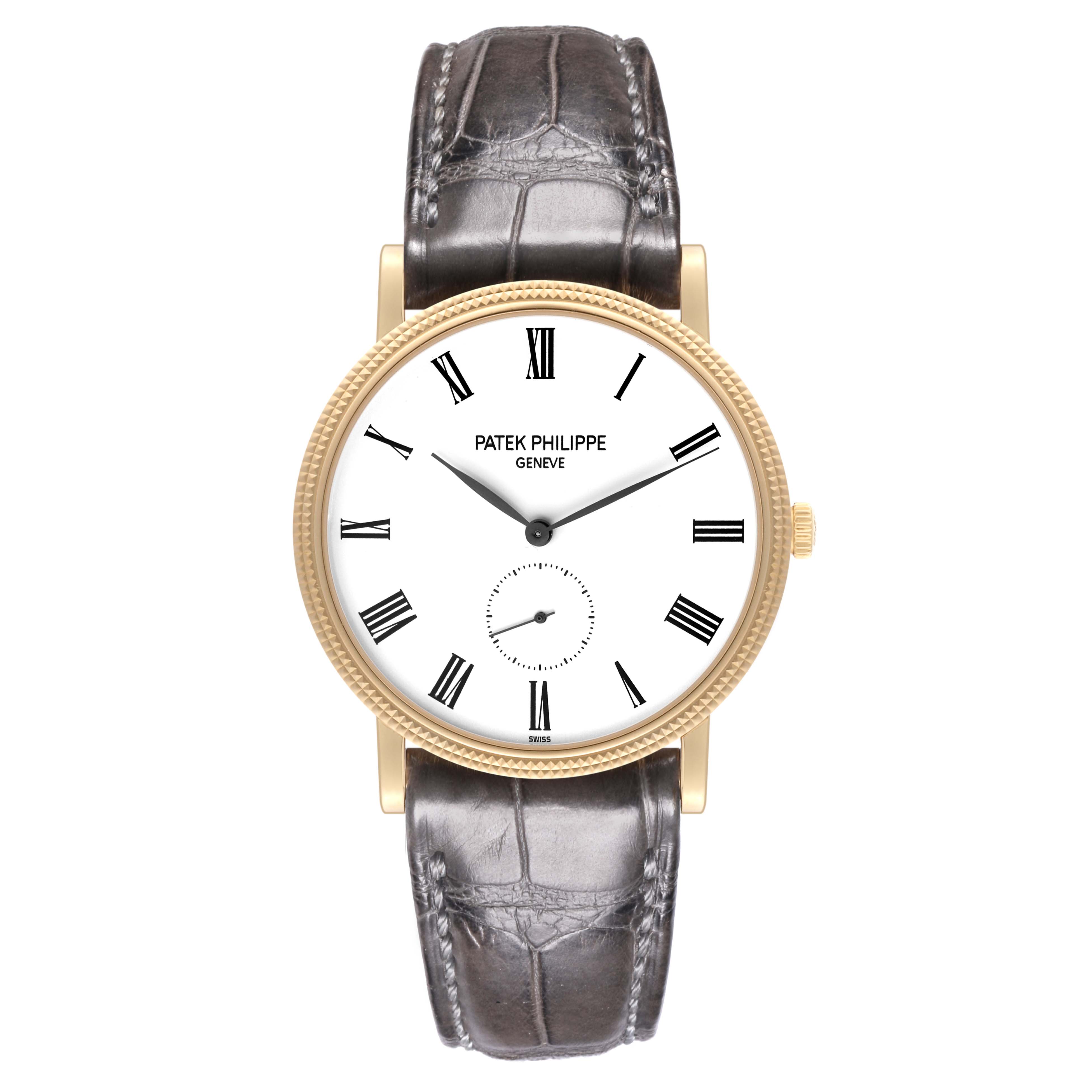 The Patek Philippe Calatrava 5119J Men's Yellow Gold White Dial 5119J Men's Yellow Gold White Dial is shown from a front angle, featuring the watch face, leather strap, and crown.