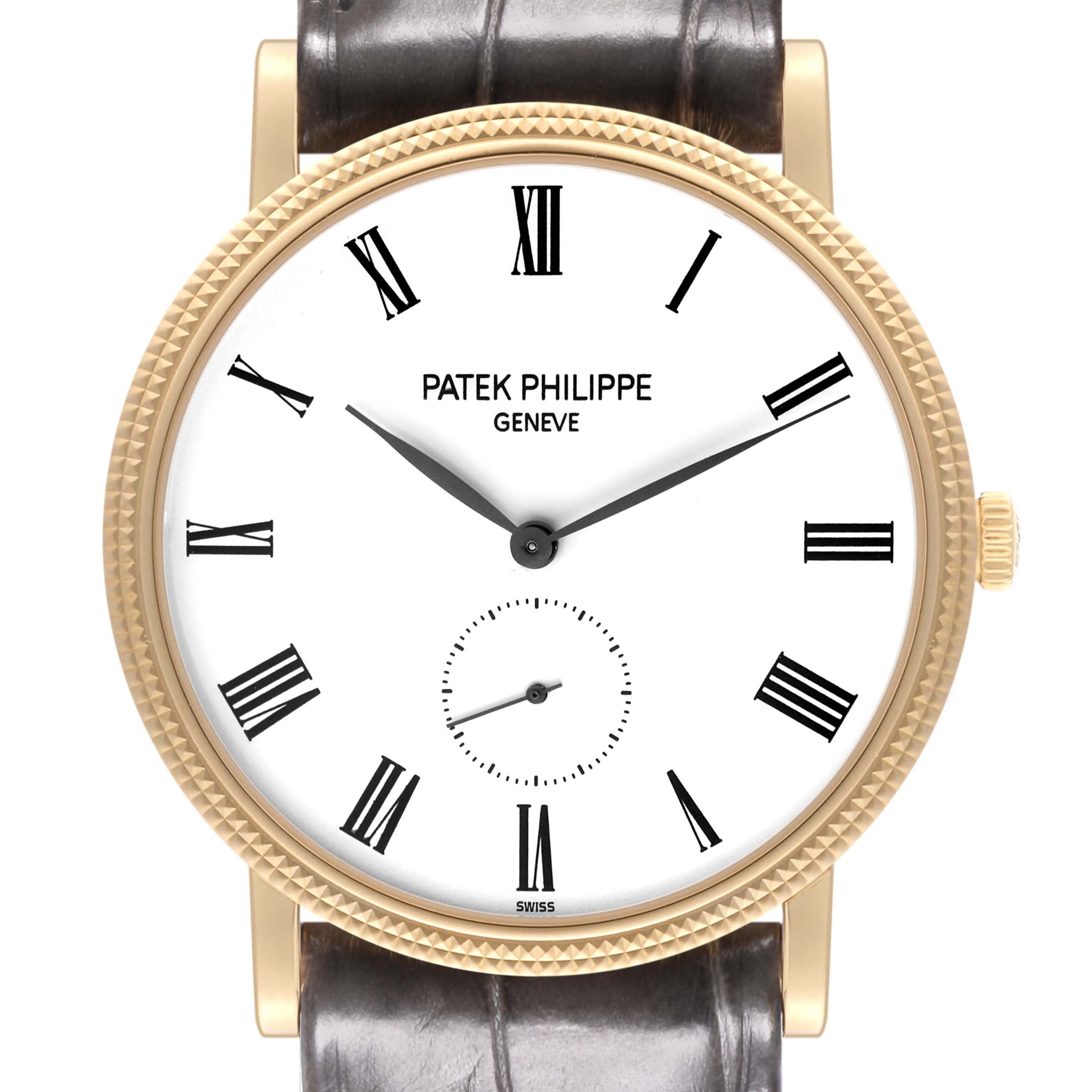 The Patek Philippe Calatrava 5119J Men's Yellow Gold White Dial 5119J Men's Yellow Gold White Dial watch is shown from a front angle, displaying the dial, hands, and part of the strap.
