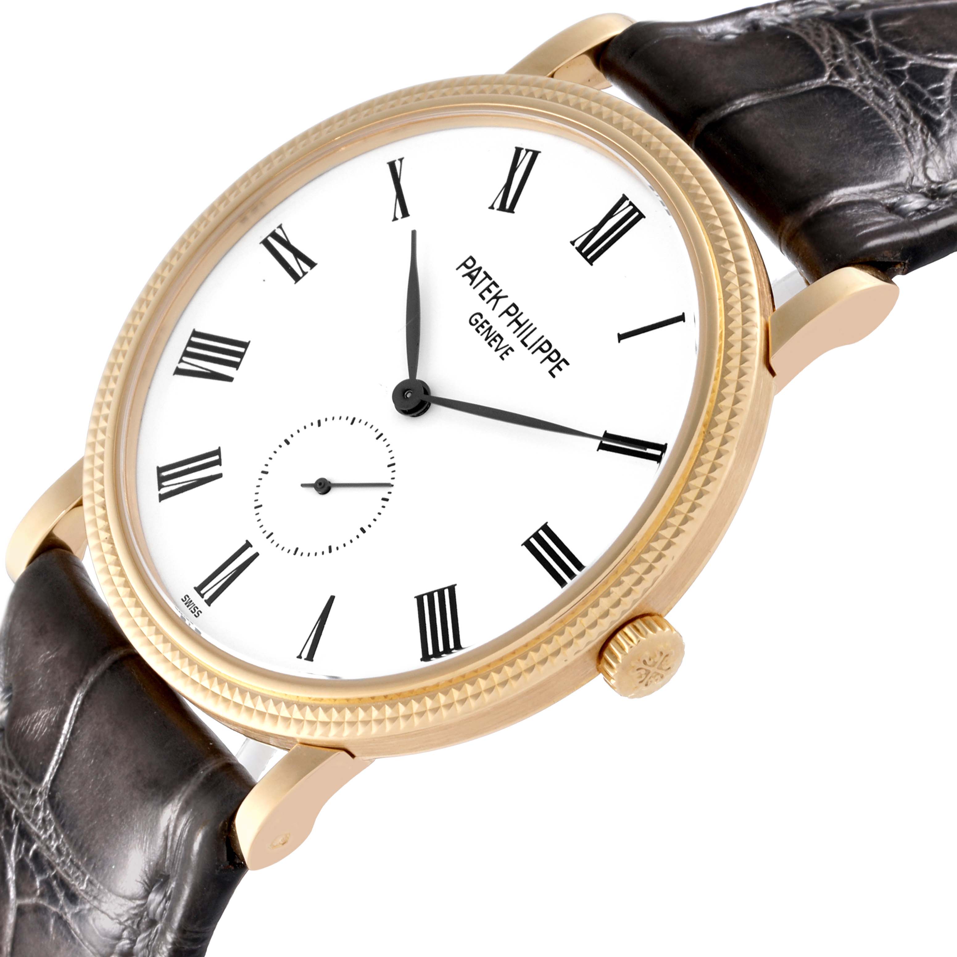 The Patek Philippe Calatrava 5119J Men's Yellow Gold White Dial 5119J Men's Yellow Gold White Dial is shown at an angle highlighting the front dial, bezel, crown, and part of the leather strap.