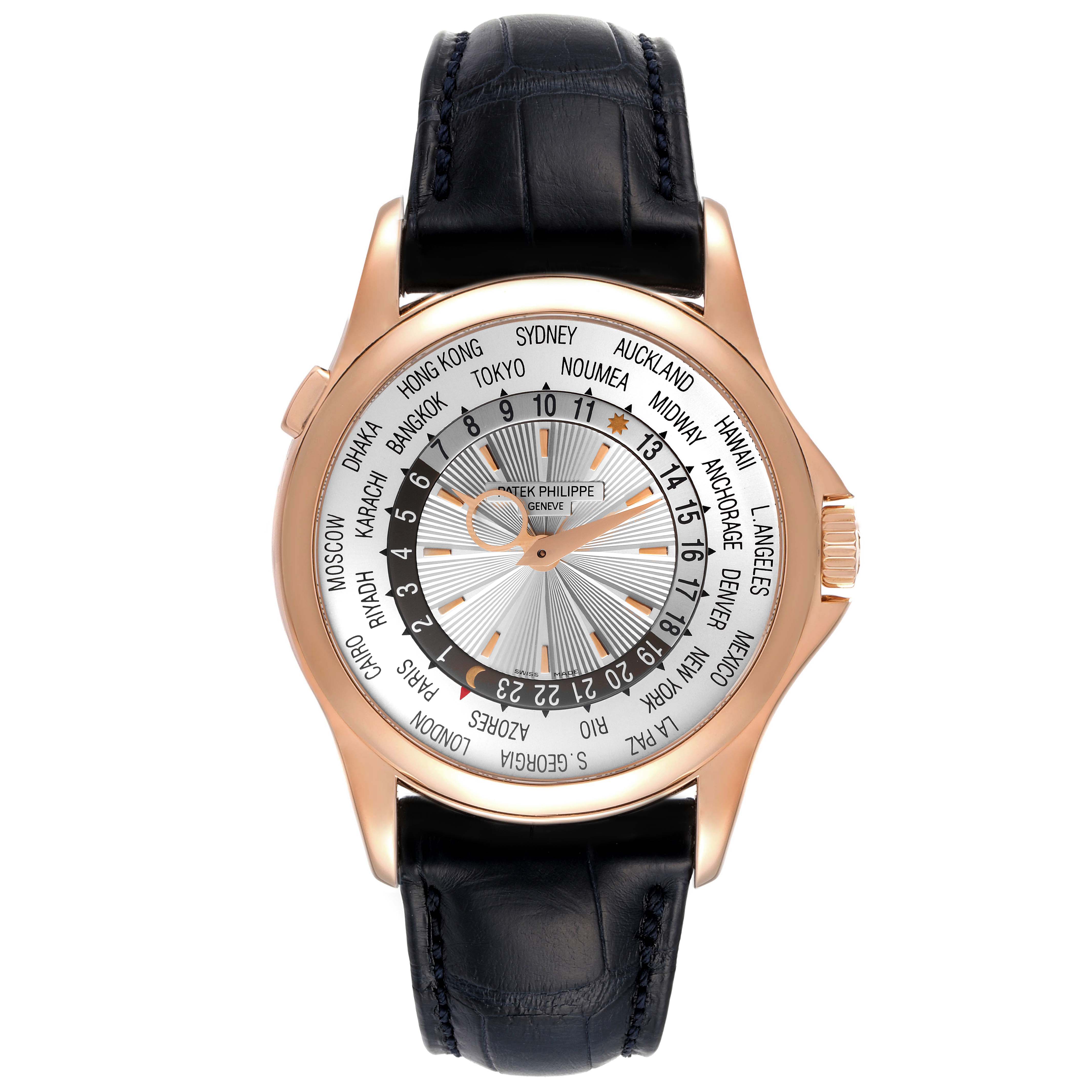 The image shows a front view of a Patek Philippe Complications 5130R Men's Rose Gold Silver Dial 5130R Men's Rose Gold Silver Dial model watch, highlighting its dial, bezel, and leather strap.