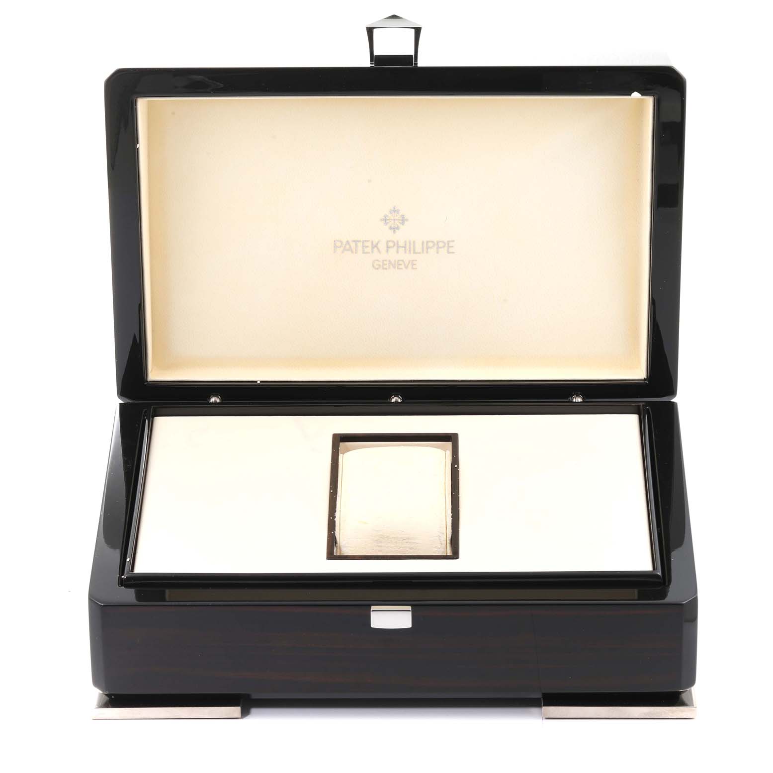 This image shows an open Patek Philippe Complications 5130R Men's Rose Gold Silver Dial 5130R Men's Rose Gold Silver Dial model watch box with the interior and the logo visible.